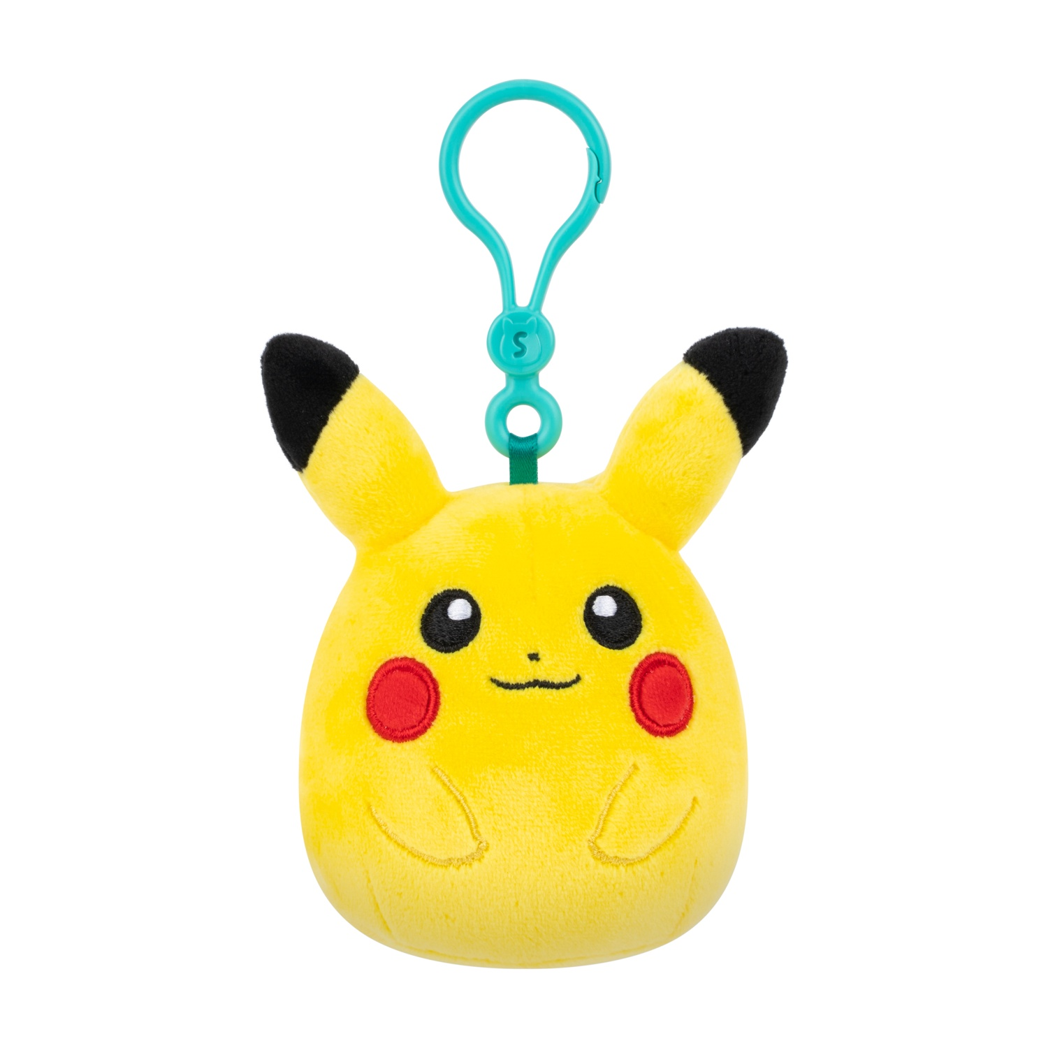 Un portachiavi giallo di Pikachu con punte nere sulle orecchie e guance rosse.