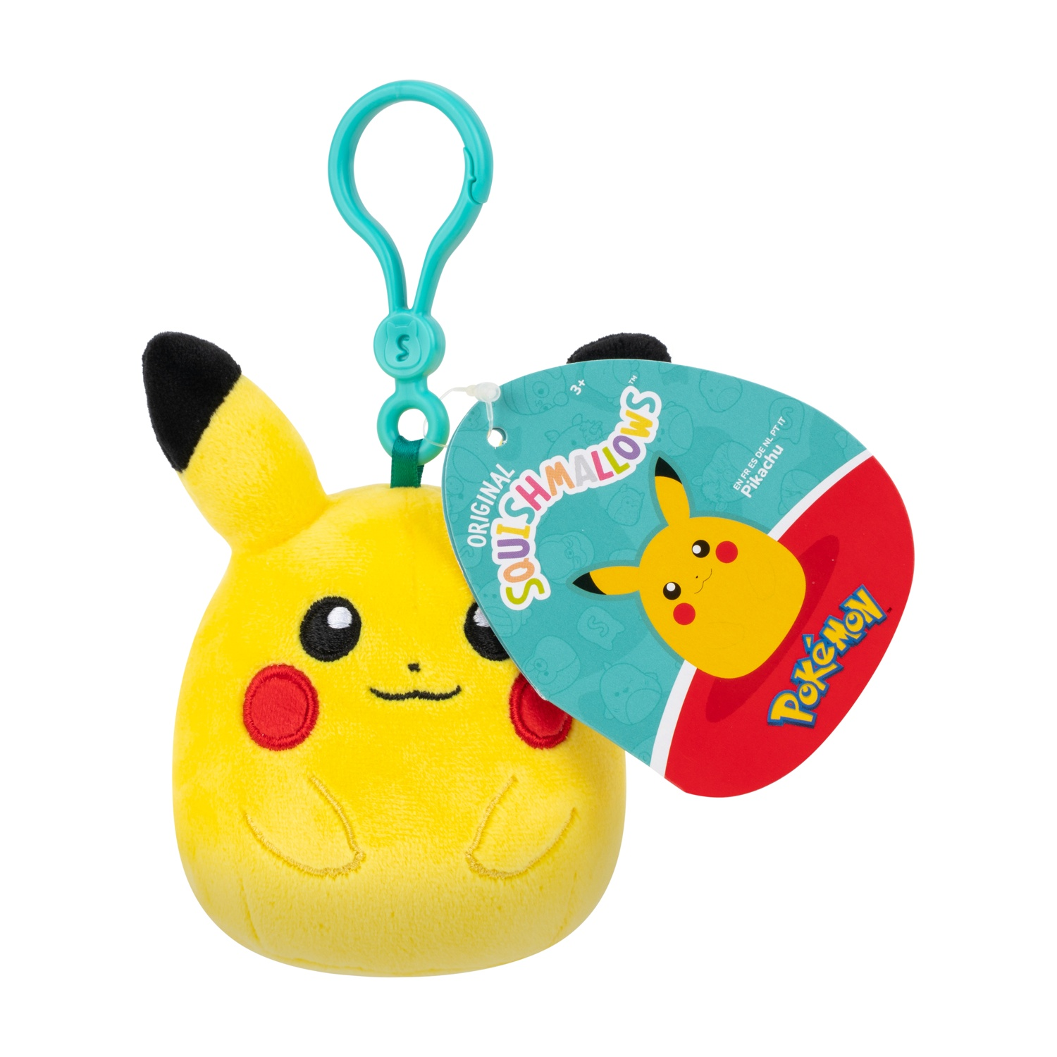 Un portachiavi giallo Pikachu Squishmallow con etichetta Pokémon.