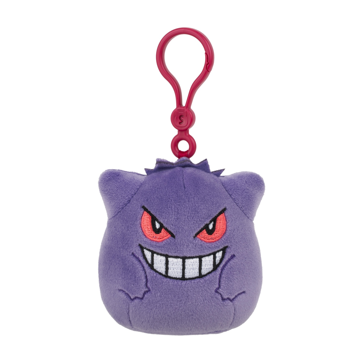 Un portachiavi di peluche viola con clip rossa. Presenta una faccia Pokémon.