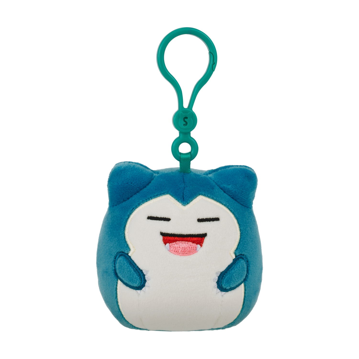 Peluche blu con clip, simile a Snorlax, bocca aperta con lingua.
