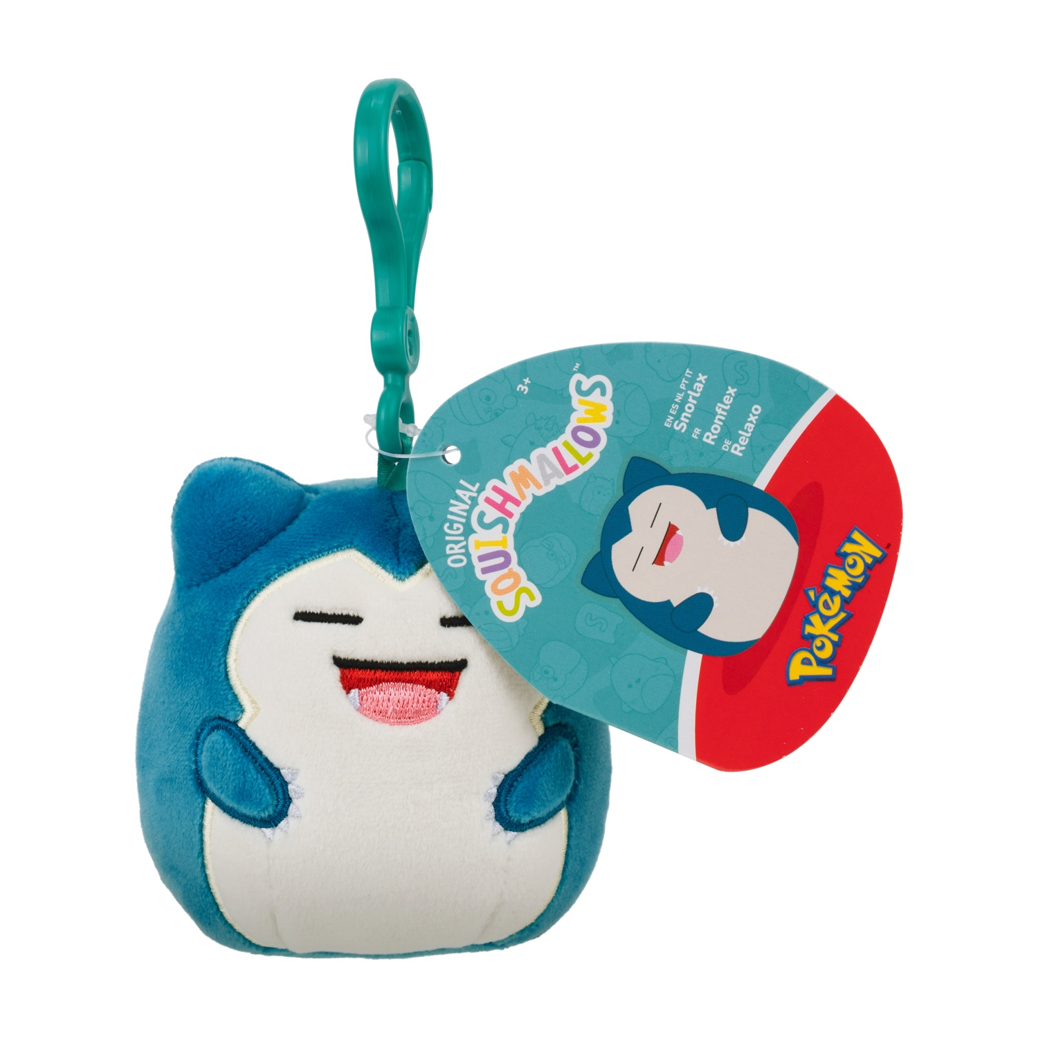 Un portachiavi peluche blu Snorlax Squishmallow con clip e etichetta verdi.