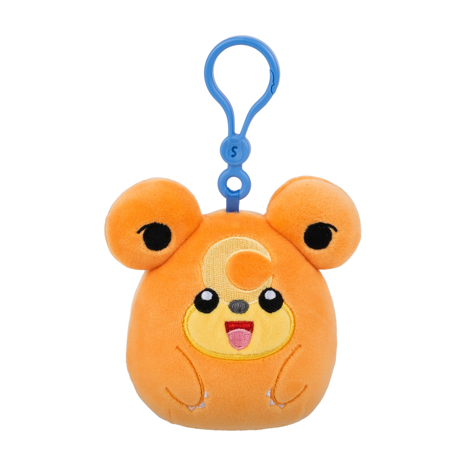 Peluche arancione con clip blu, viso giallo, orecchie nere, bocca aperta.