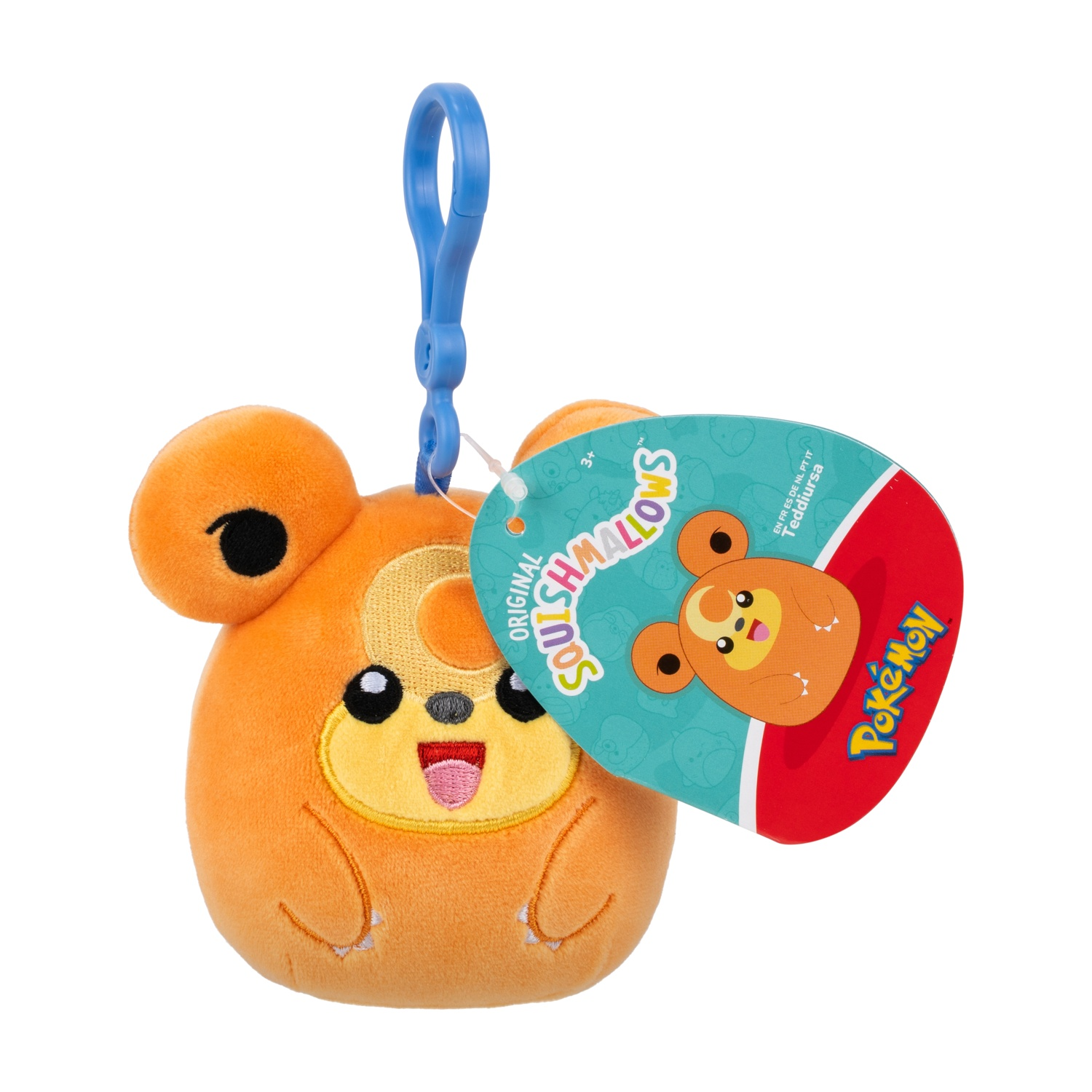 Un peluche di orsacchiotto arancione con un anello blu e un'etichetta Pokémon.