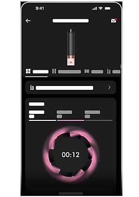 Interfejs aplikacji z pionowym urządzeniem, timerem 00:12 i paskami postępu.