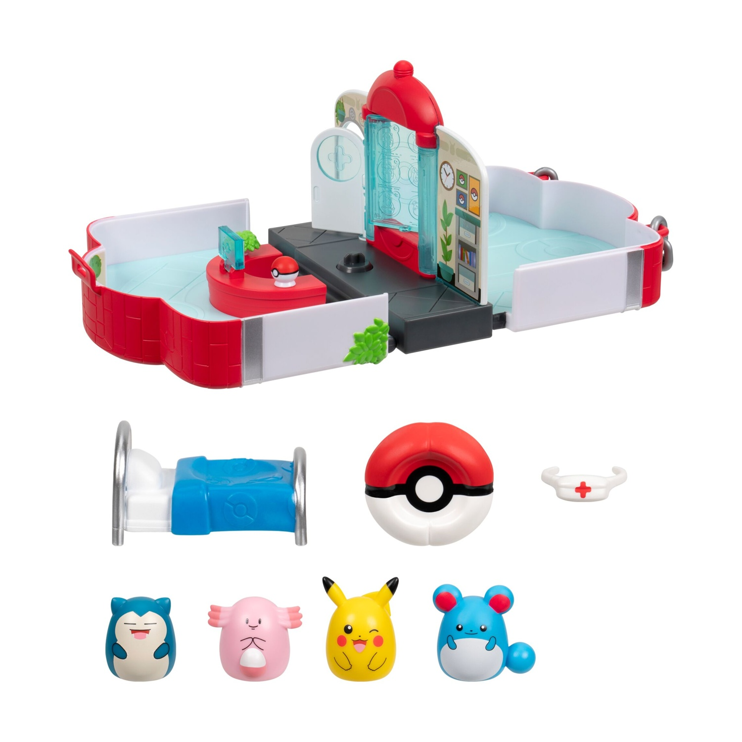 Set da gioco ospedale Pokémon con letto, Poké Ball, cappello da infermiera, Snorlax, Chansey, Pikachu, Azumarill.