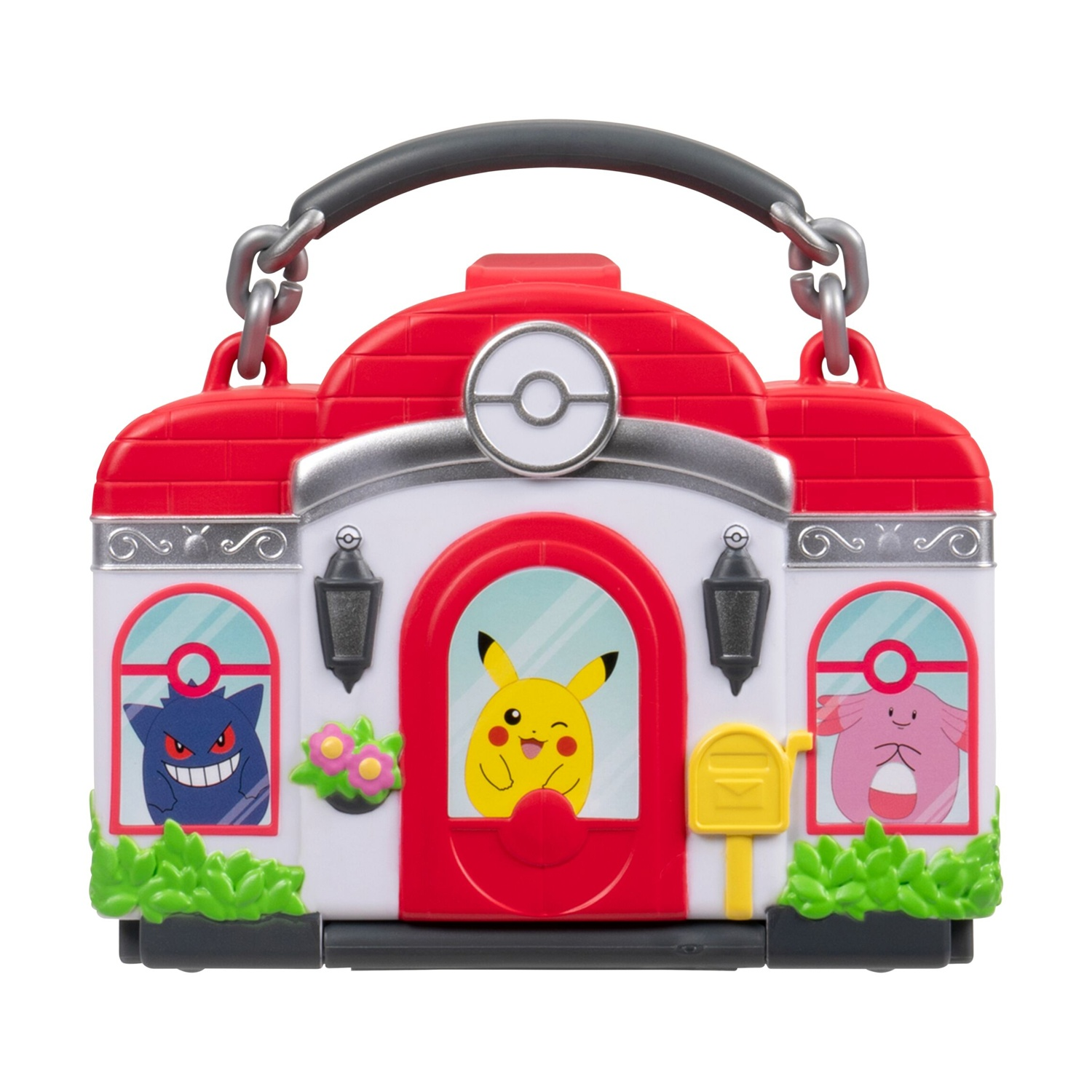 Una casa giocattolo a tema Pokémon rossa e bianca con figure di Pikachu, Gengar e Chansey.