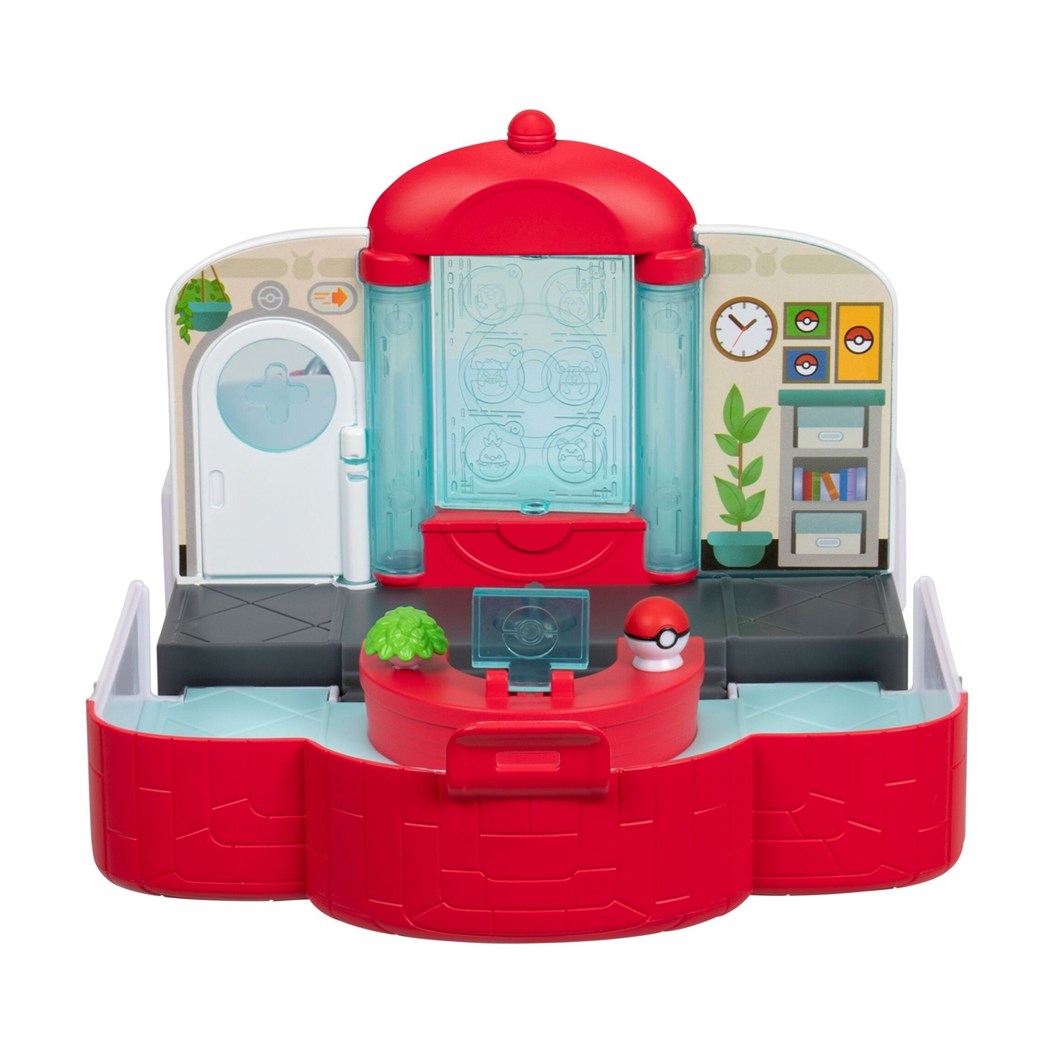 Set da gioco centro Pokémon con accenti rossi e blu. Include bancone, schermo e Poké Ball.