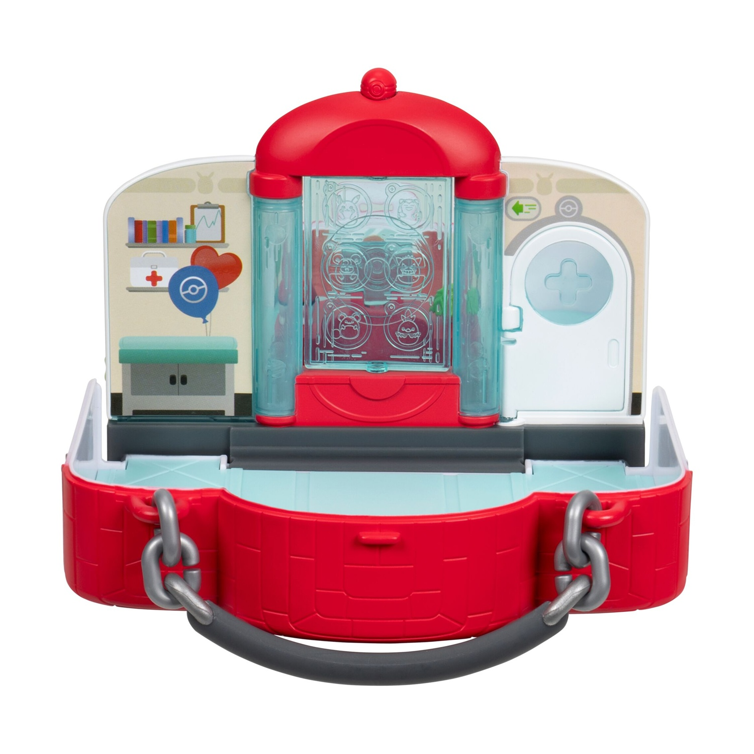Set giocattolo rosso a tema medico con logo Pokeball, simile a una valigetta.
