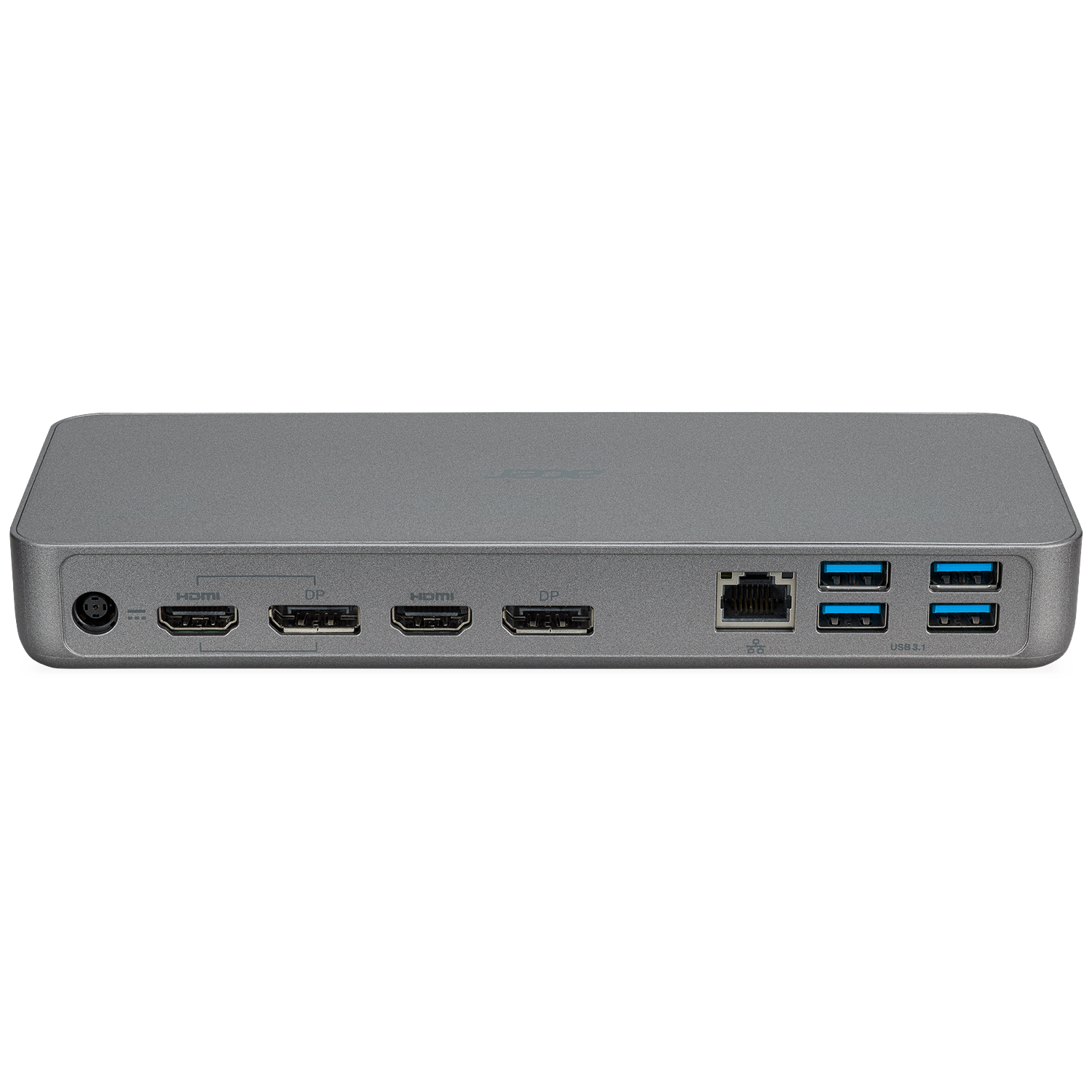 Gray docking station with HDMI, DP, Ethernet, and USB 3.1 ports.