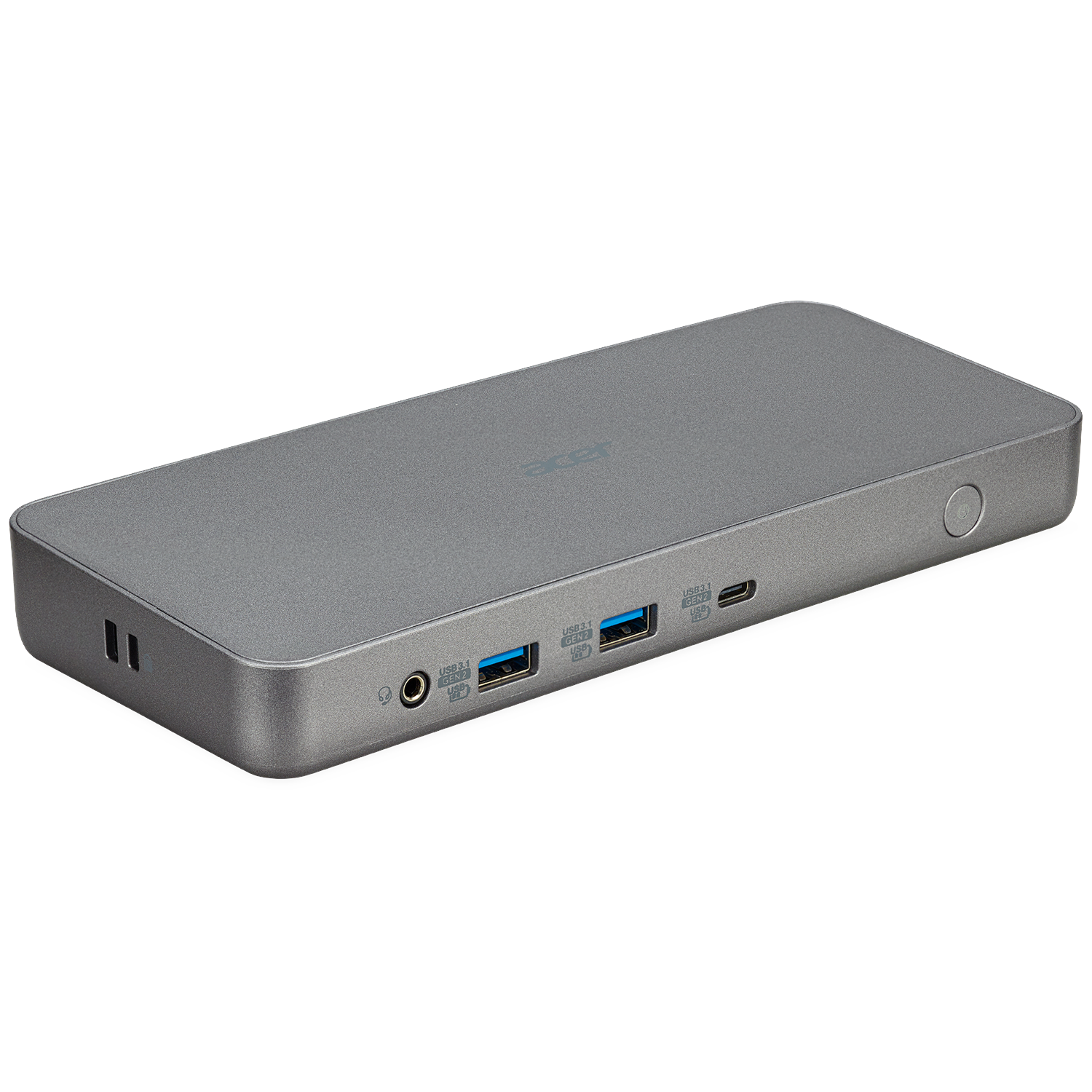 Gray USB-C docking station with ports and Acer logo.