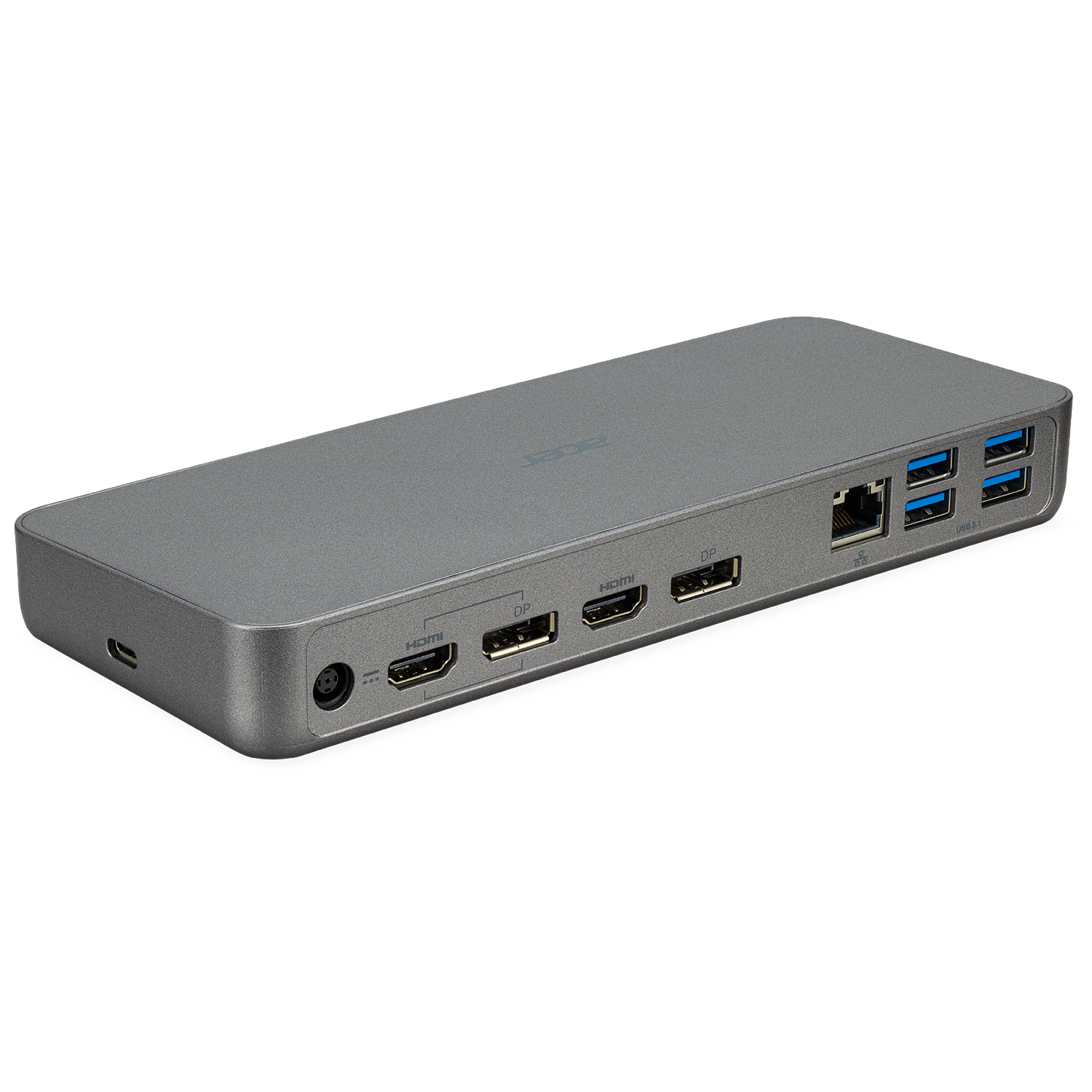 Gray Acer docking station with ports like HDMI, DP, USB, and LAN.