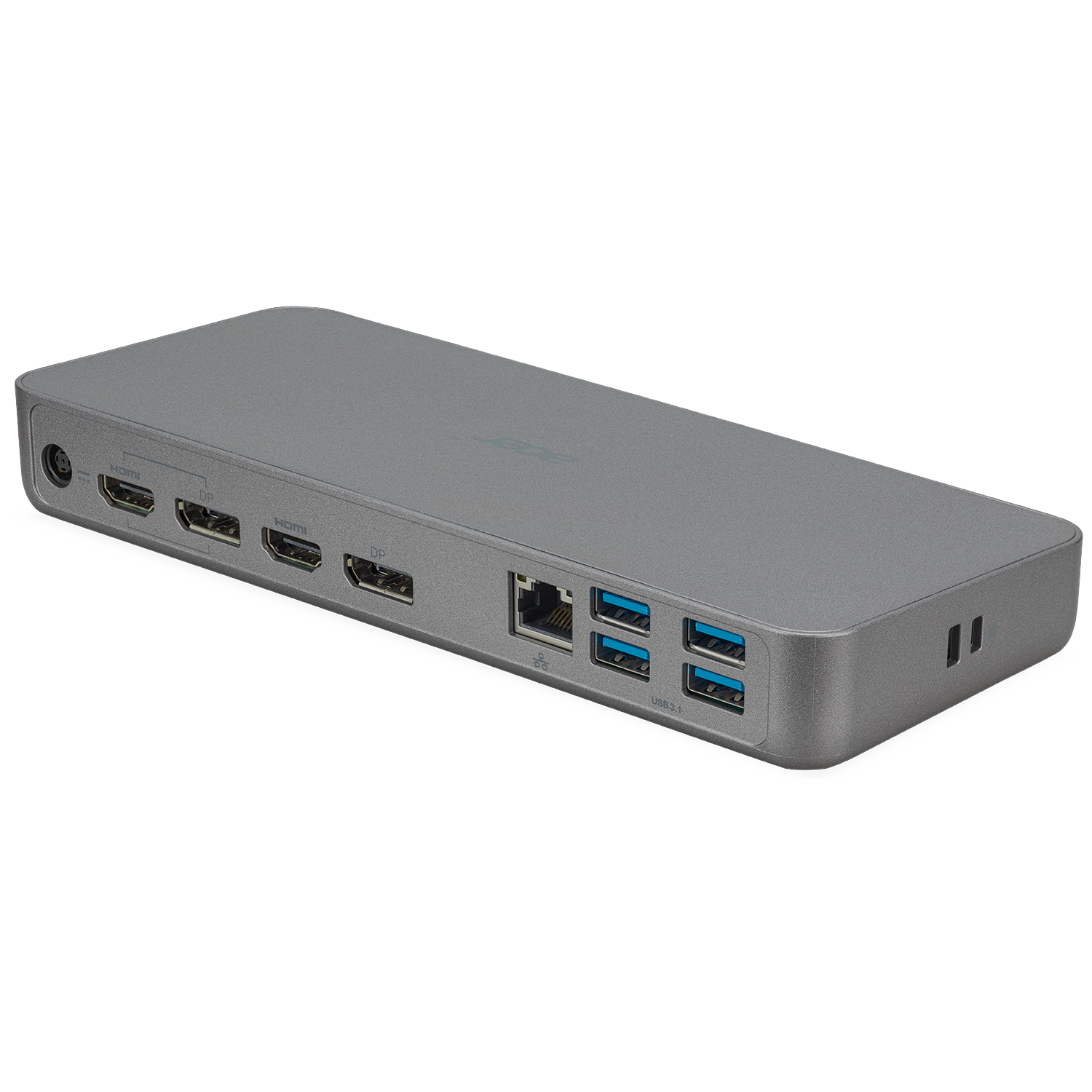 Gray docking station with HDMI, DP, LAN, and USB 3.1 ports.