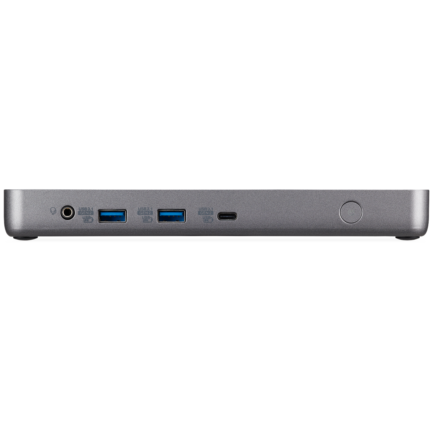 Gray USB-C hub with headphone jack, three USB-A ports, and a power button.