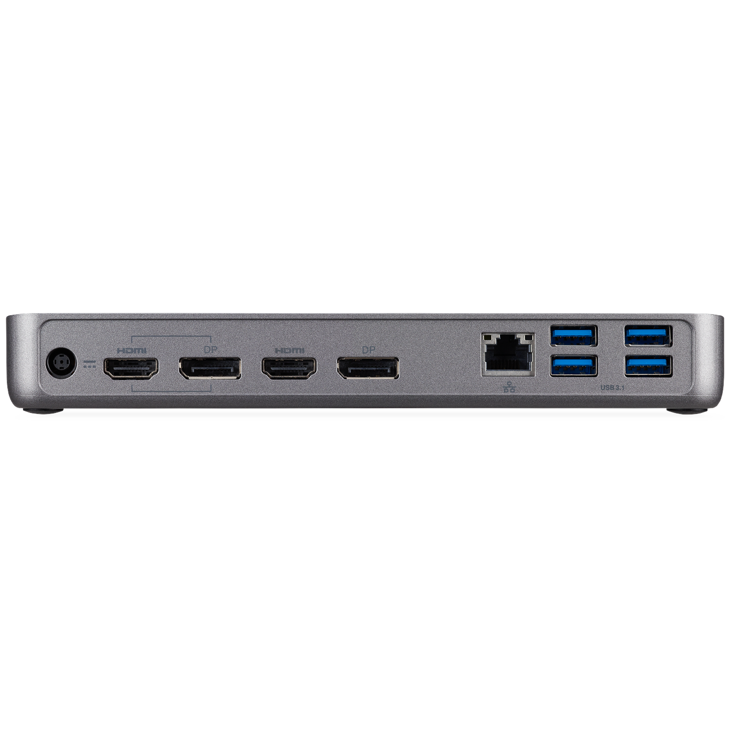 Silver docking station with DC, 2x HDMI, 2x DP, Ethernet, and 4x USB 3.1 ports.