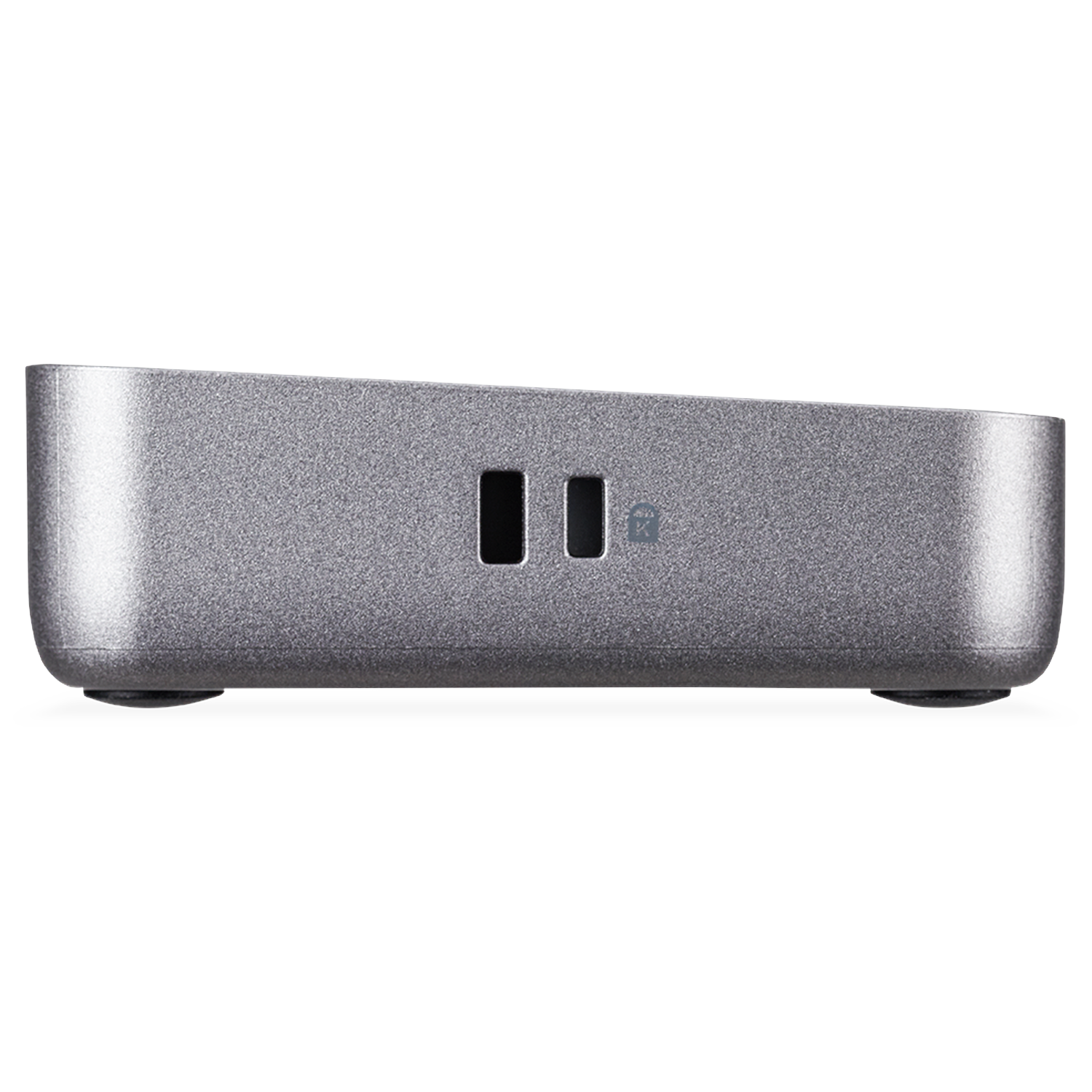 A gray electronic device with two rectangular slots on its top surface.
