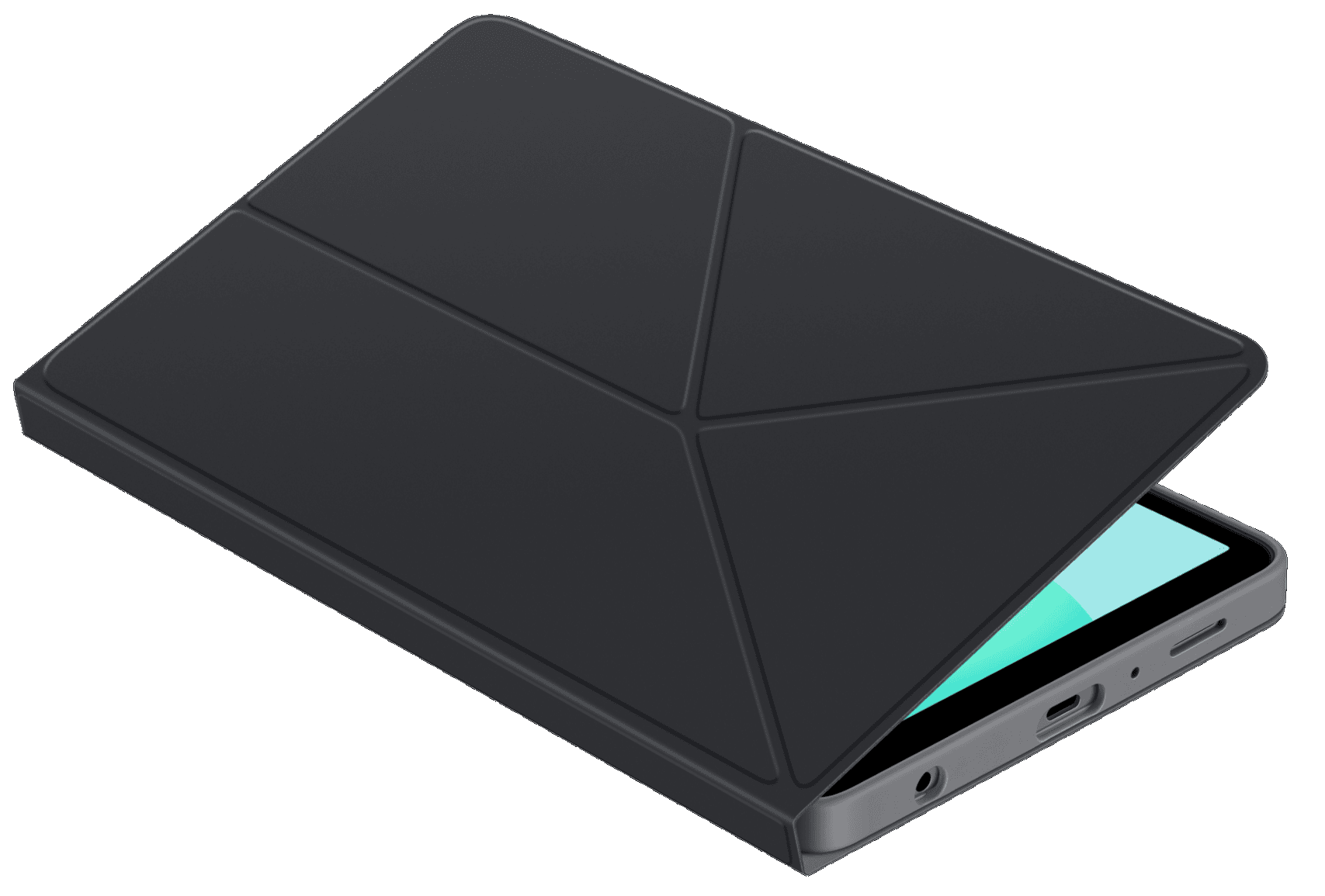 Funda negra para tableta con diseño plegado, parcialmente abierta, mostrando pantalla azul claro.