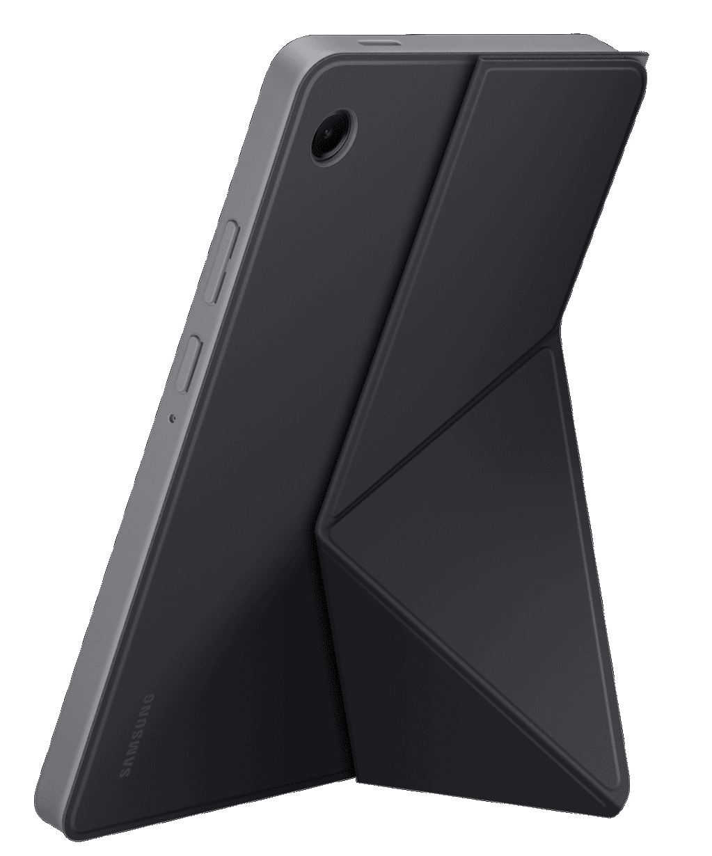 Una tablet gris con una funda oscura que sirve de soporte, vista de espaldas.