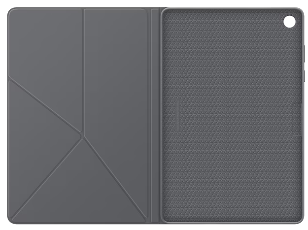 Funda gris para tableta, abierta, con parte trasera texturizada y frontal lisa.