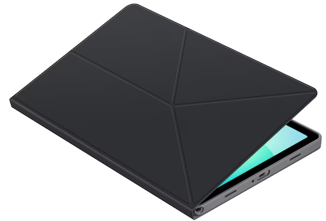 Una tableta negra con funda plegada, abierta por un lado, mostrando pantalla azul.
