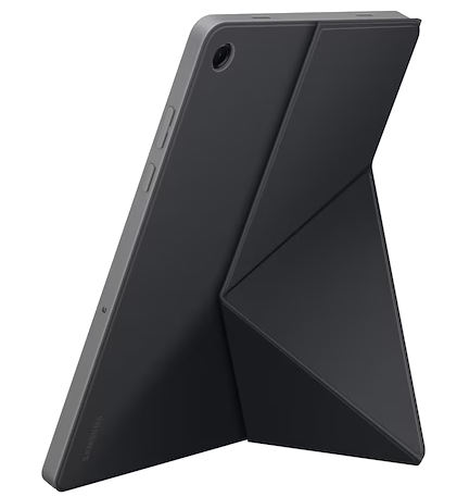 Una tableta oscura con una funda plegada que actúa como soporte.
