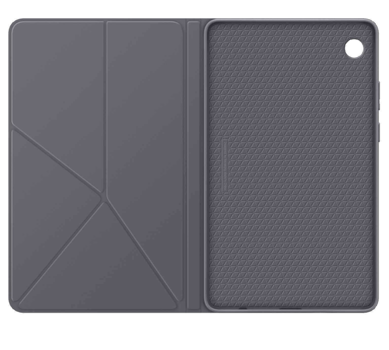 Funda gris para tableta, interior con patrón y recorte de cámara.