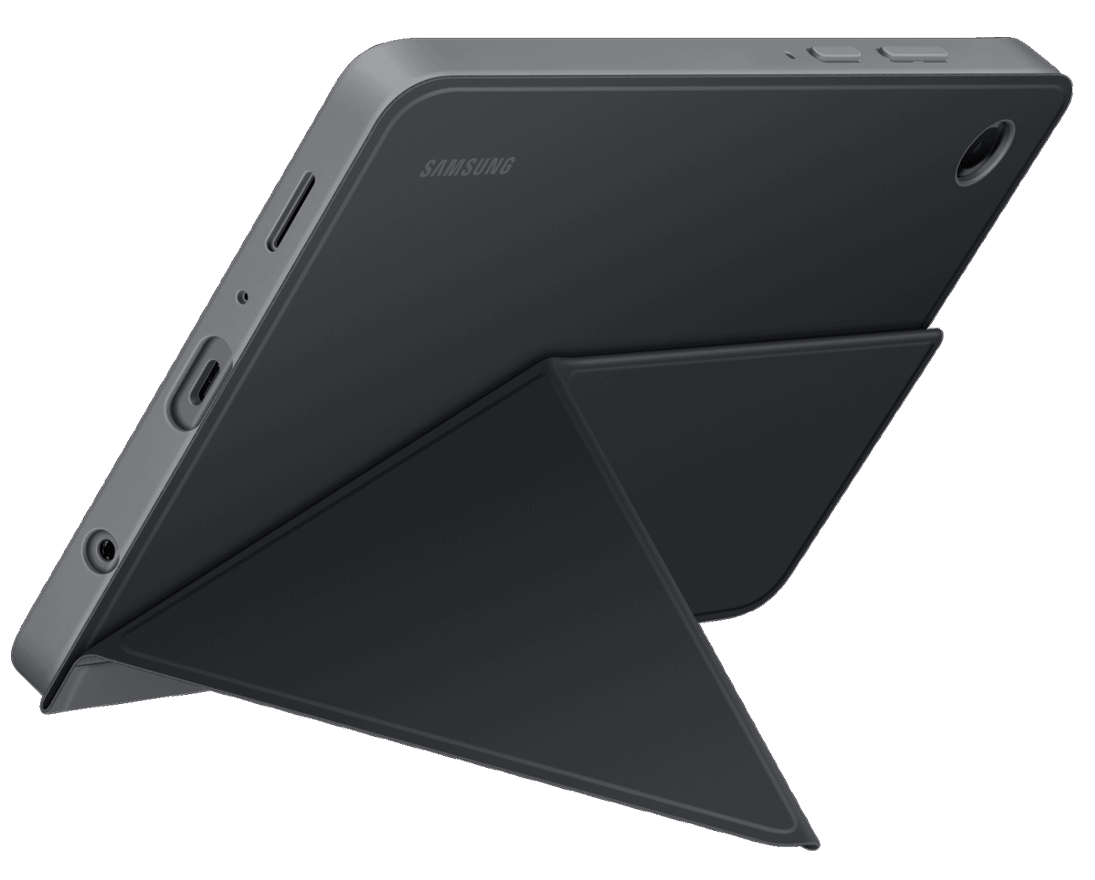 Tableta Samsung gris oscuro con soporte, vista lateral, puertos visibles.