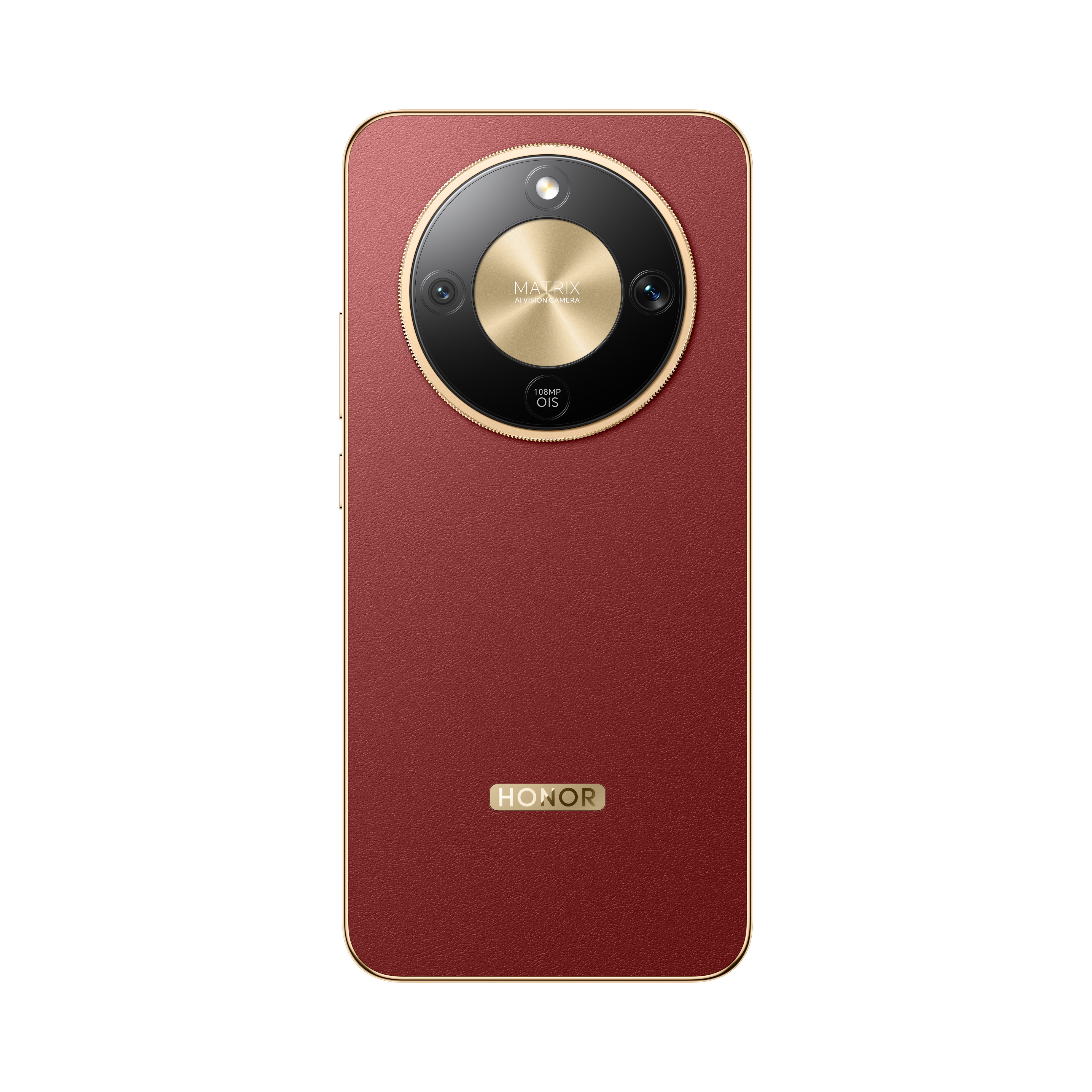 Altın çerçeveli kırmızı HONOR akıllı telefonun arka yüzü, Matrix AI Vision kamera.