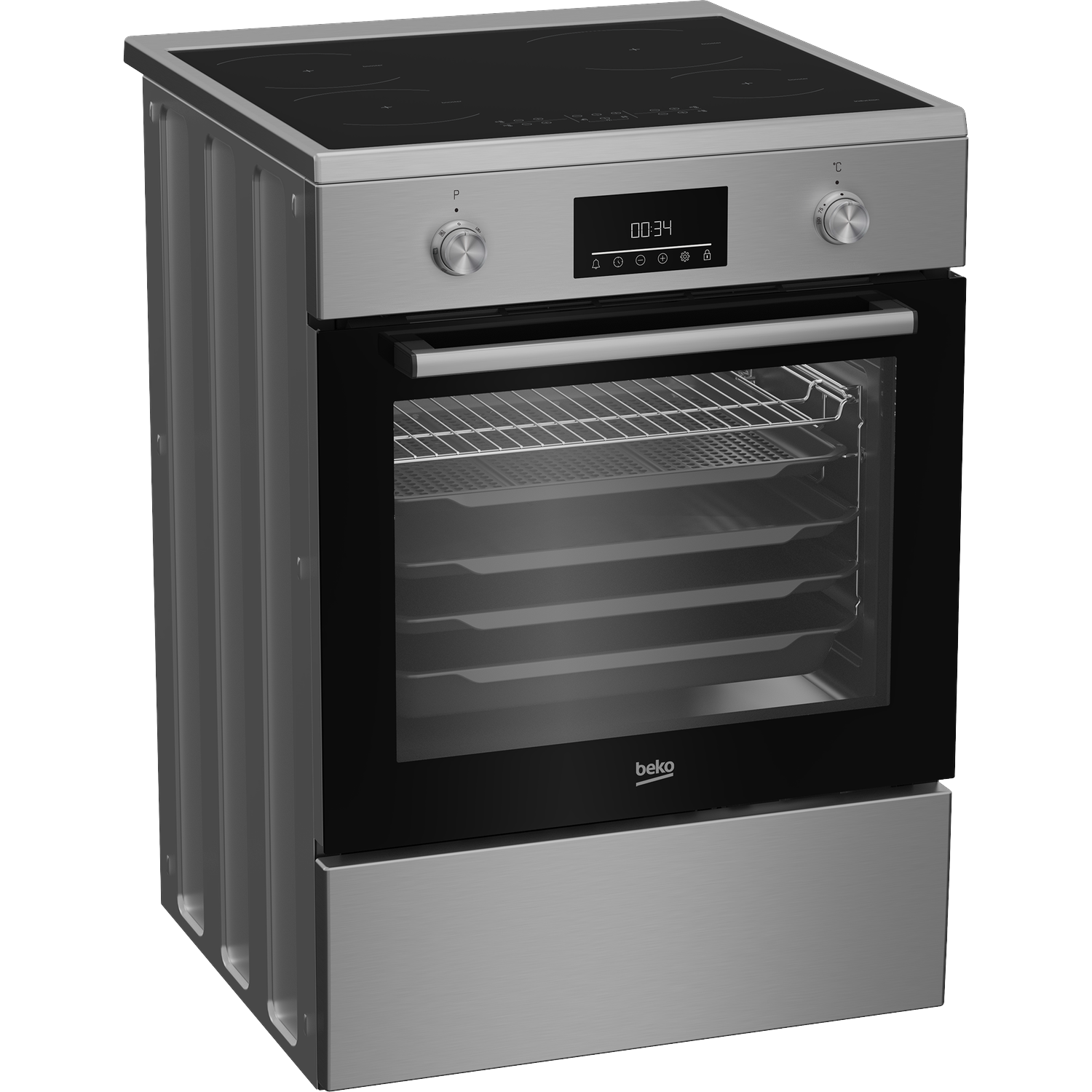 Modern silver electric cooker with hob and oven door.
