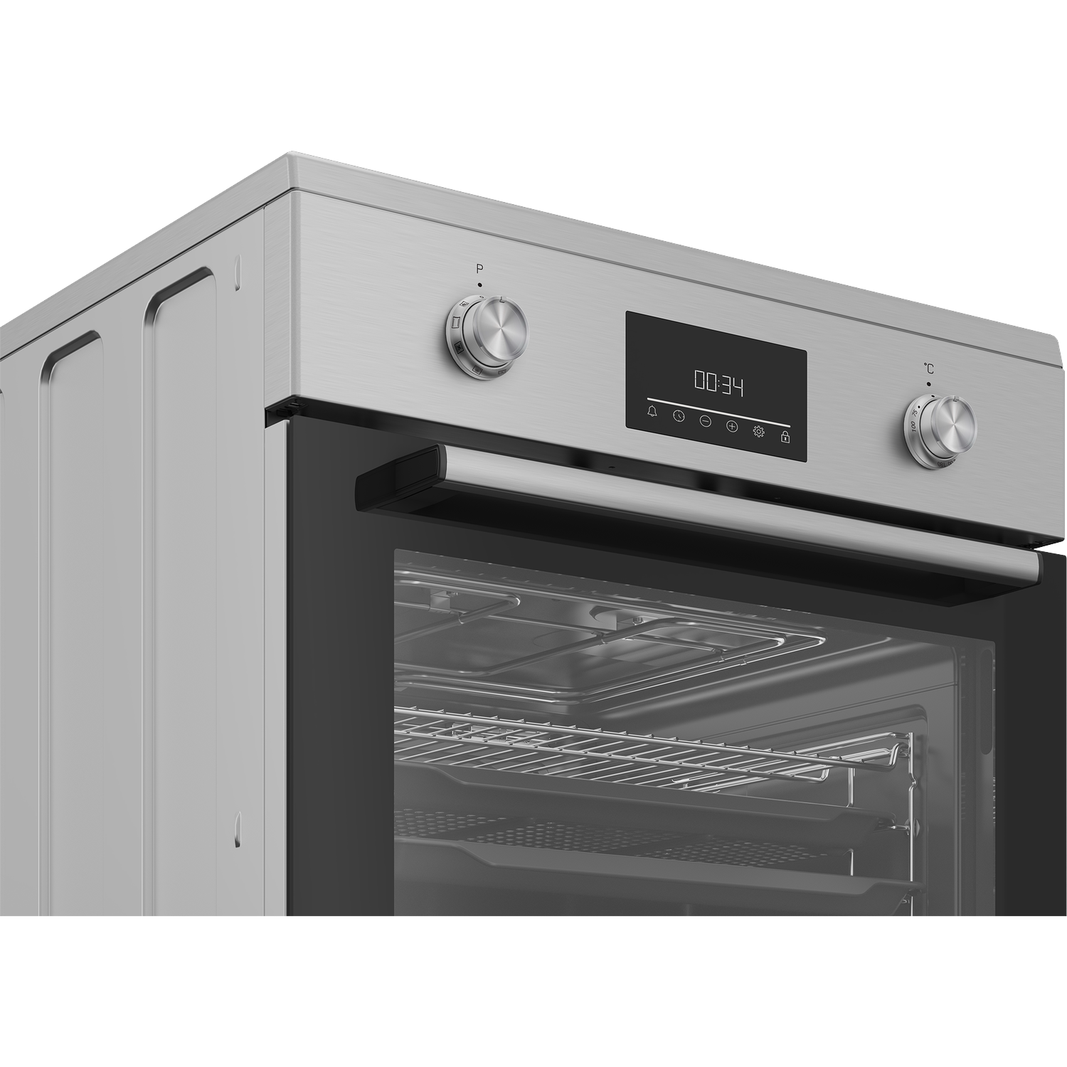 A silver oven with a digital display and control knobs.