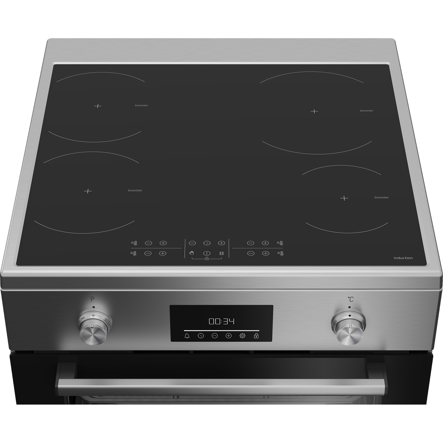 A sleek induction hob with four cooking zones and a digital display.