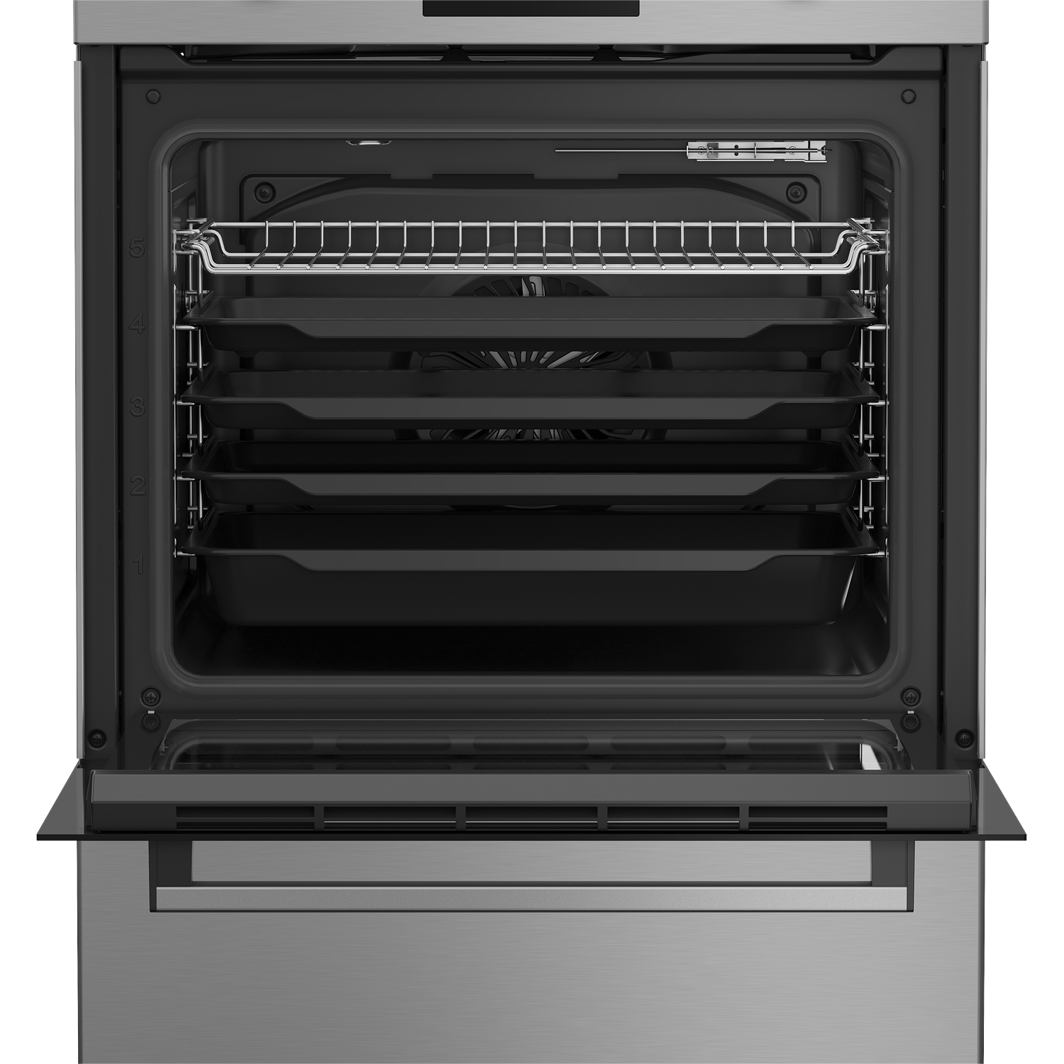 An open, empty oven with five racks and a grill rack.
