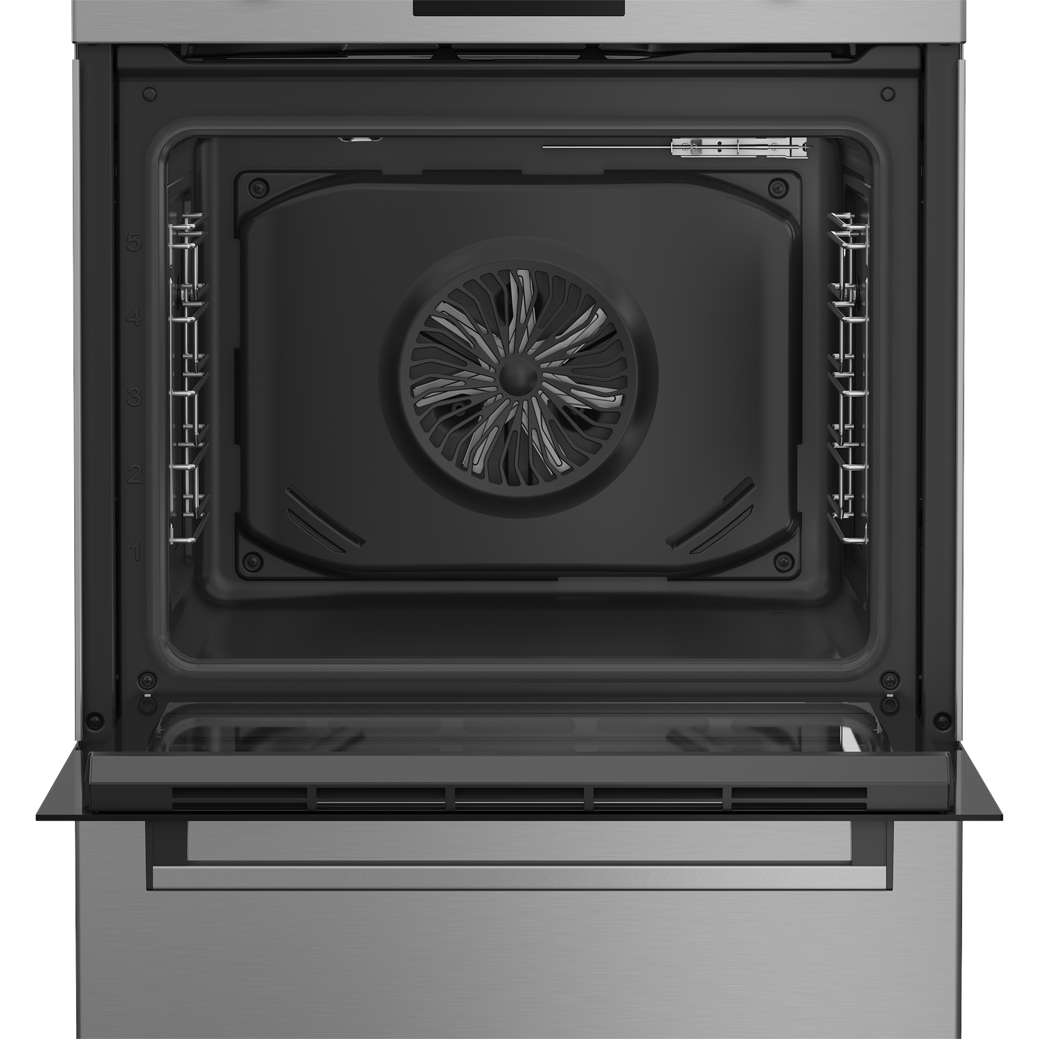 Interior view of a modern stainless steel oven with fan and rack guides.