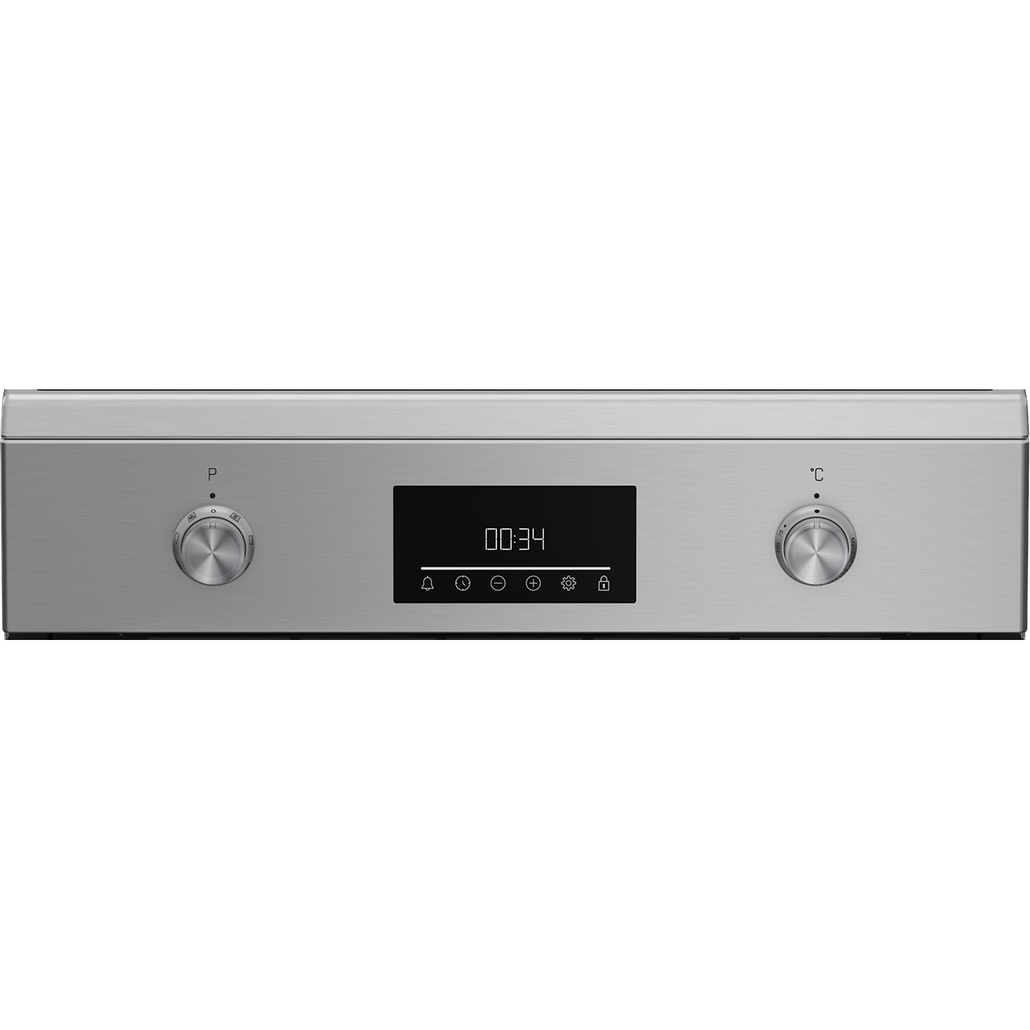 Silver control panel with two dials and a digital display.