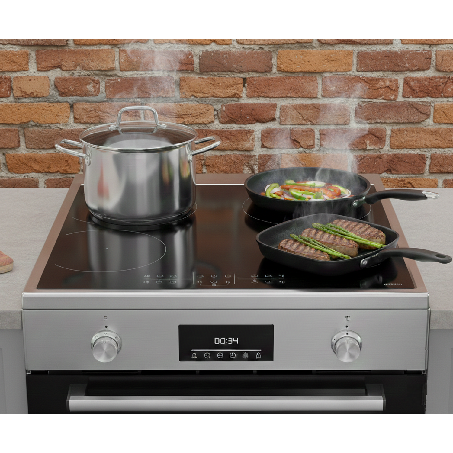 A pot with a lid and two pans with food on a stovetop.