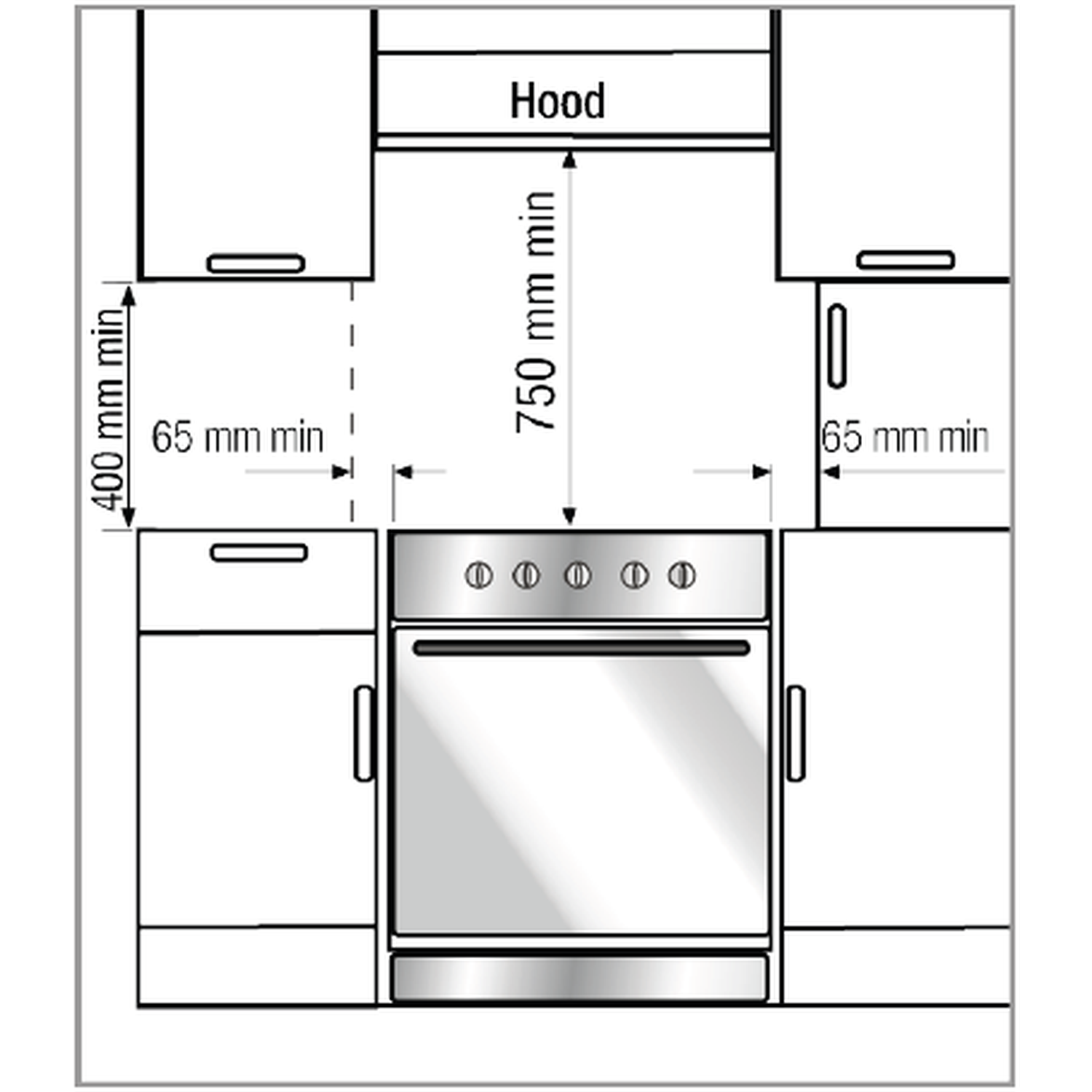 Diagram of a kitchen showing a stove, hood, cabinets and measurements.
