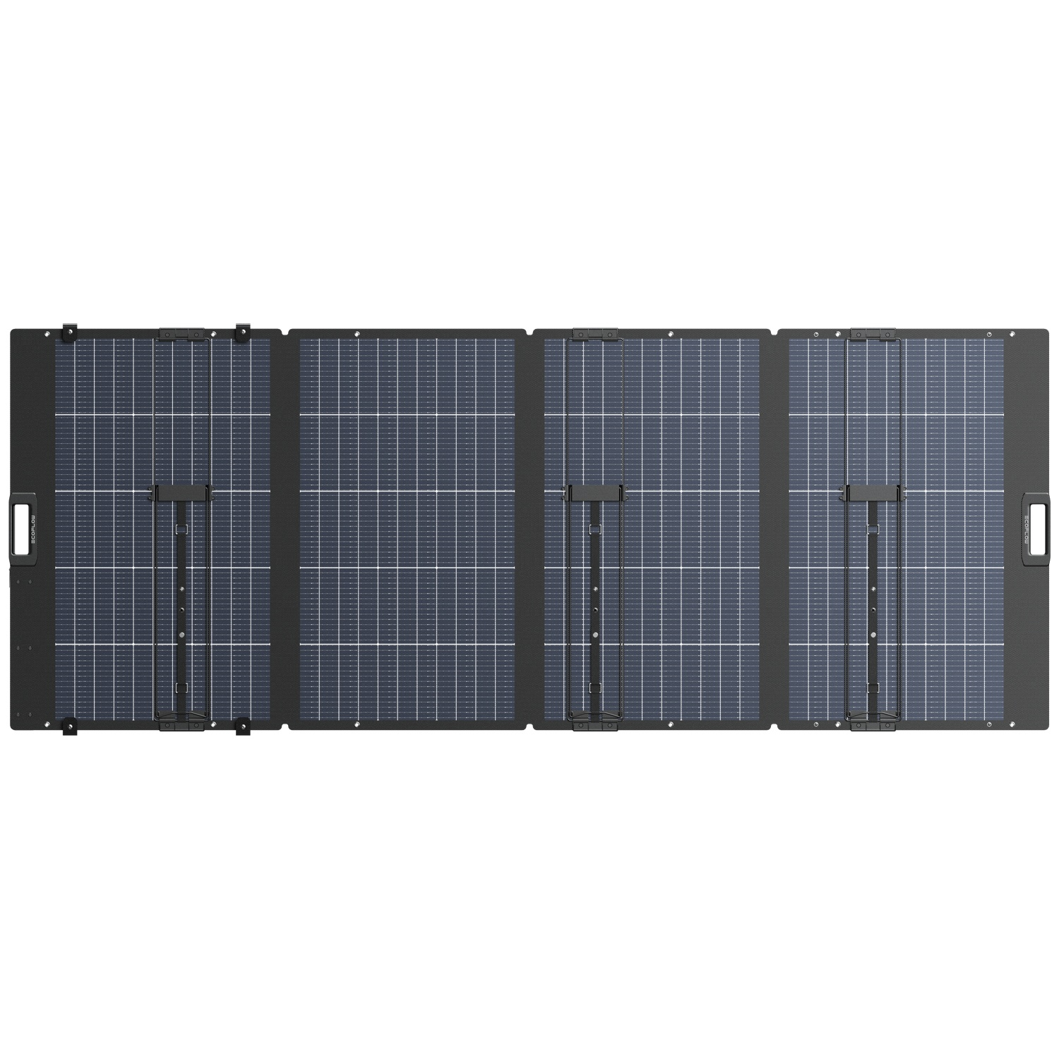 Een opvouwbaar zonnepaneel met vier donkere panelen en zwarte omlijsting.
