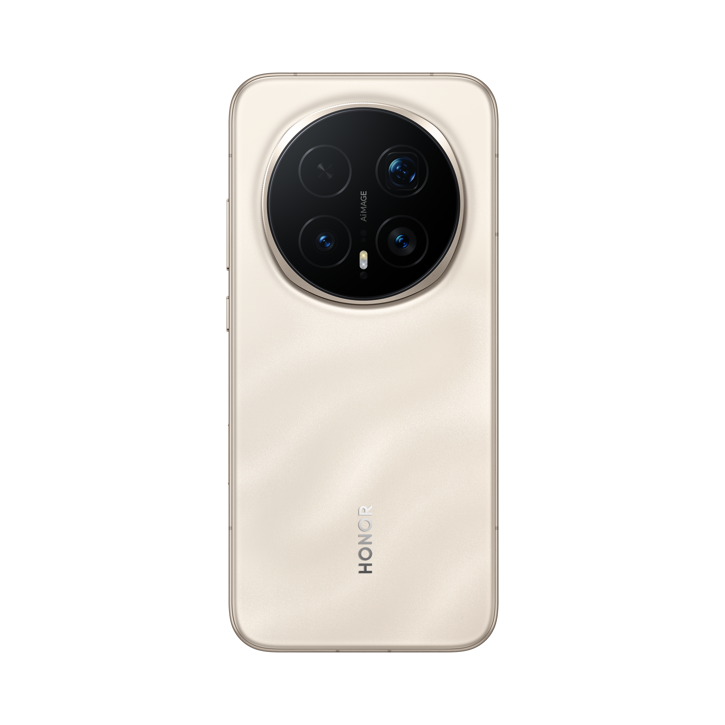 Yuvarlak kamera ünitesi ve HONOR logosuna sahip açık bej akıllı telefonun arkası.