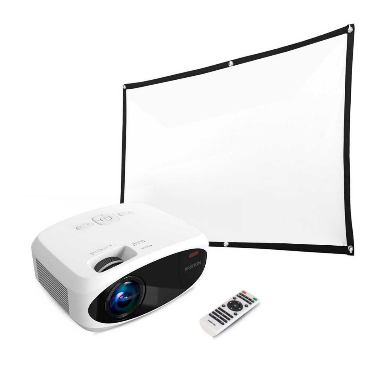 Un proyector blanco con mando y pantalla sobre fondo blanco.