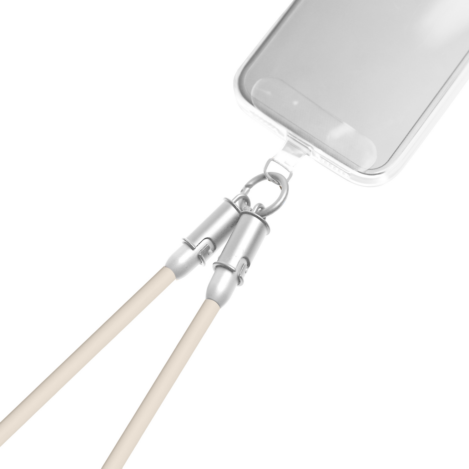 Una funda de teléfono transparente con una correa sujeta a un cierre plateado.