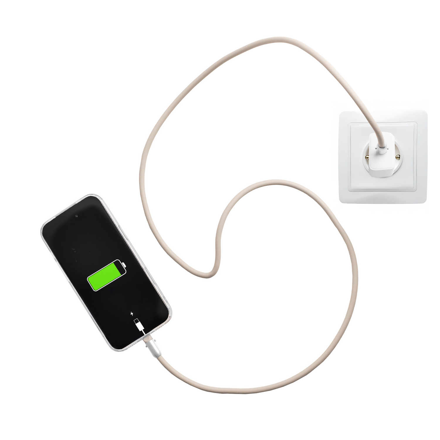 Un smartphone conectado a un enchufe, cargando su batería.
