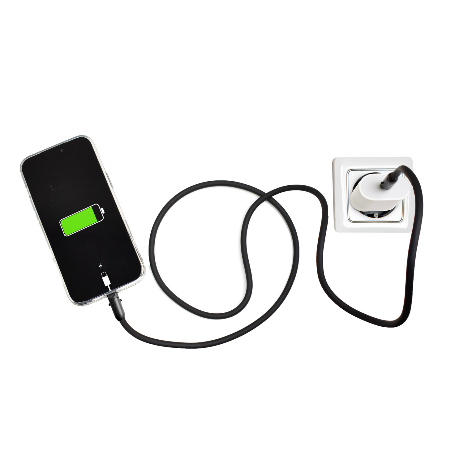 Un smartphone con icono de batería verde se carga desde un enchufe de pared blanco con cable negro.