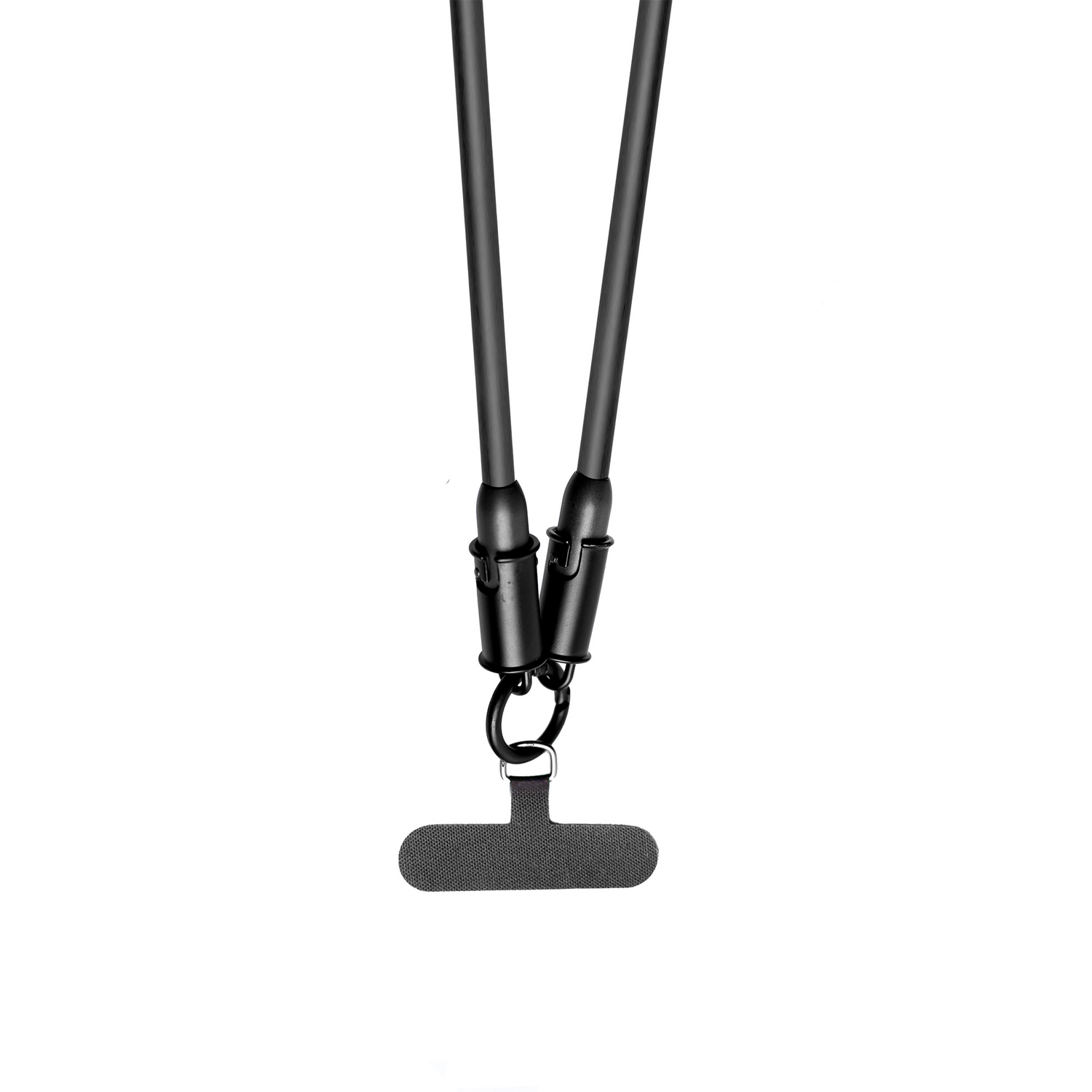 Cordón negro para teléfono con gancho y lengüeta cuadrada de tela.