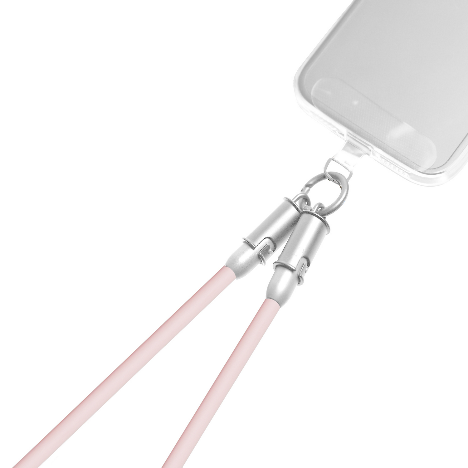 Una funda de teléfono transparente con un cordón rosa unido a un cierre metálico.