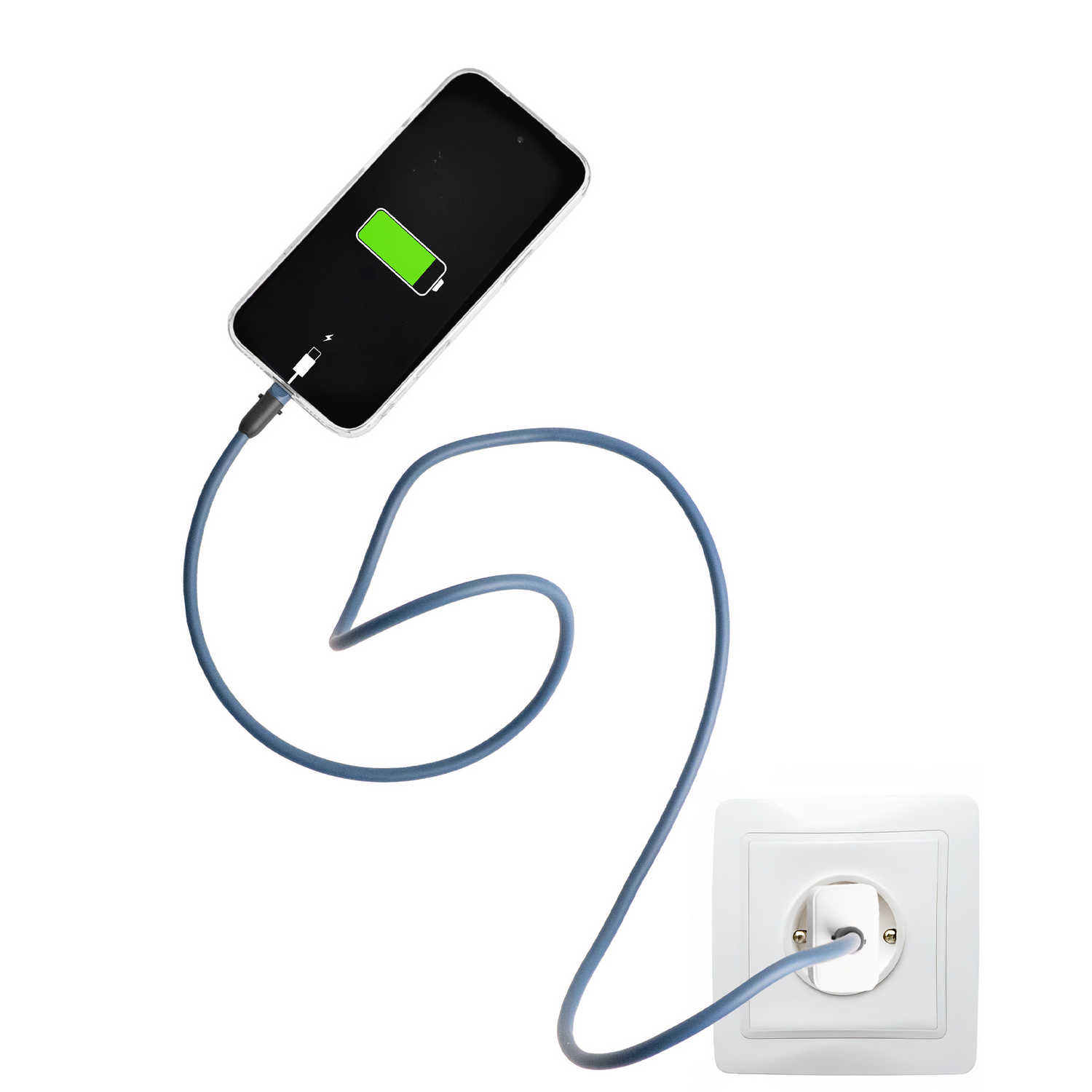 Un smartphone se conecta a una toma de corriente blanca mediante un cable azul.