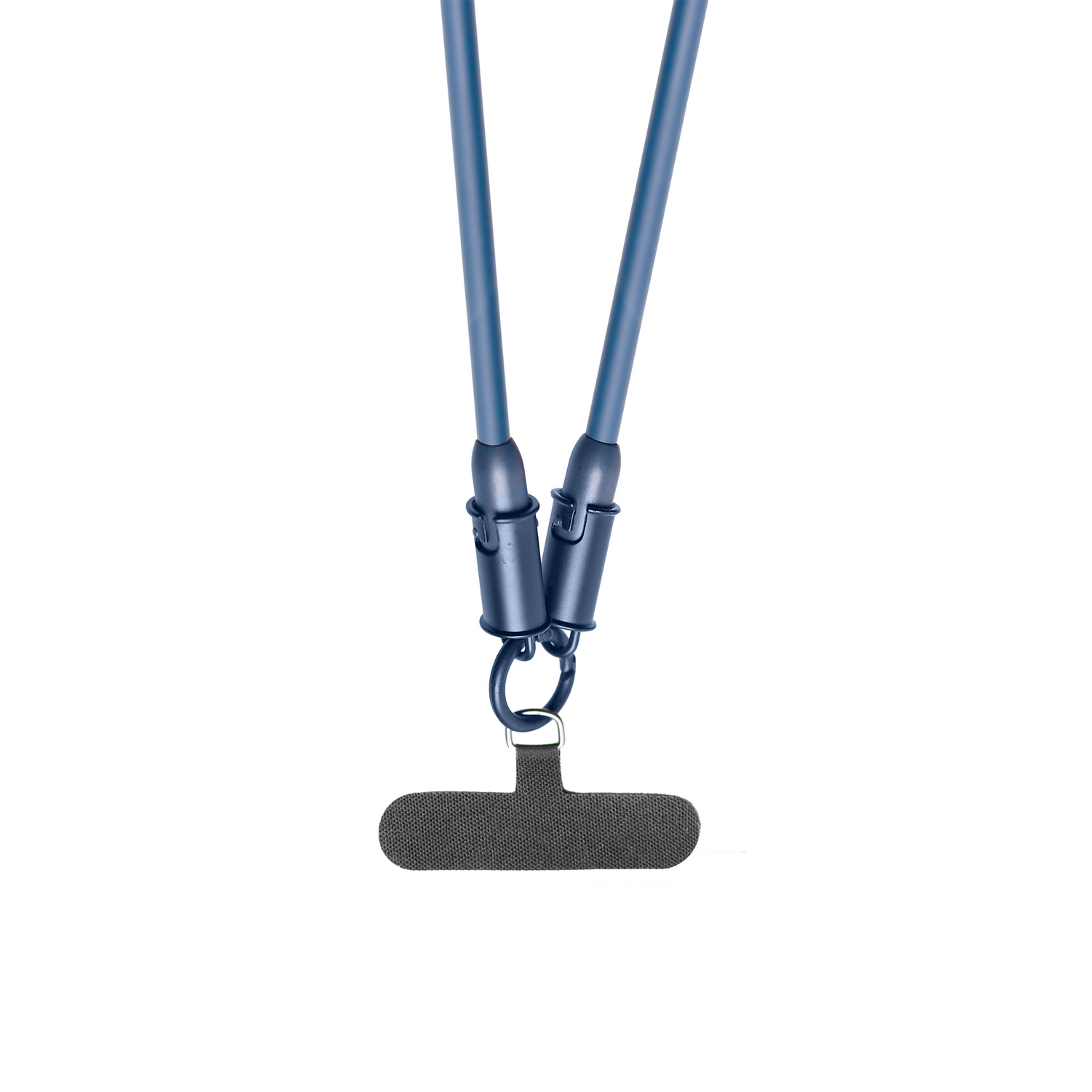 Cordón azul oscuro con lengüeta de tela gris para teléfono.