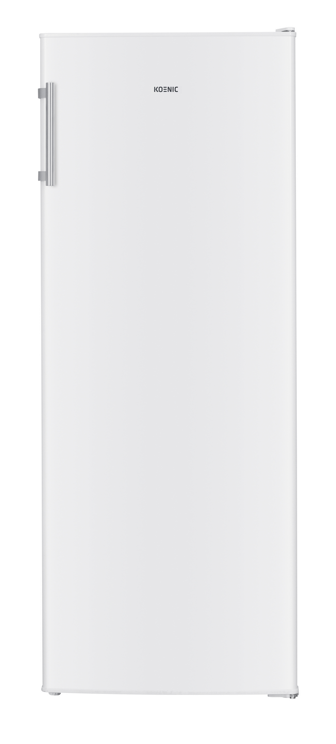 Un refrigerador blanco y delgado con un asa plateada y el logo KOENIC.