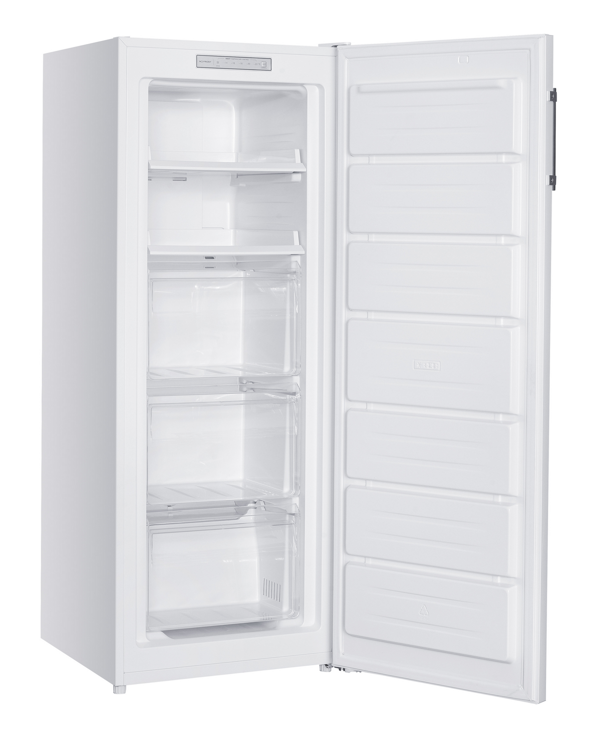 Congelador vertical blanco con puerta abierta. Se ven estantes interiores y cajones.