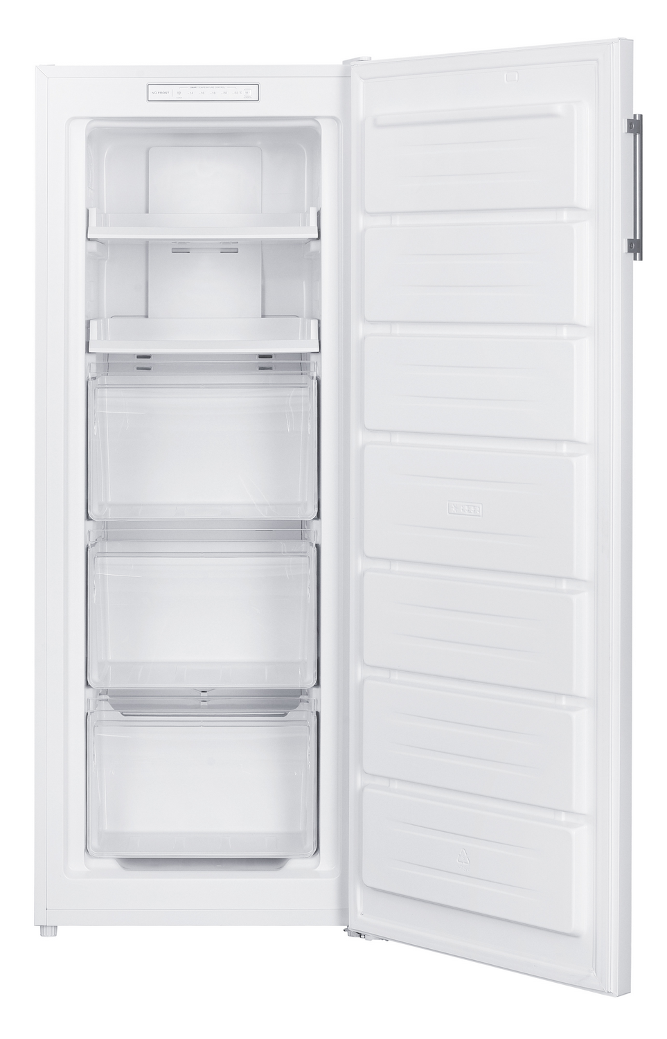 Un congelador blanco vacío con la puerta abierta, mostrando estantes y cajones interiores.