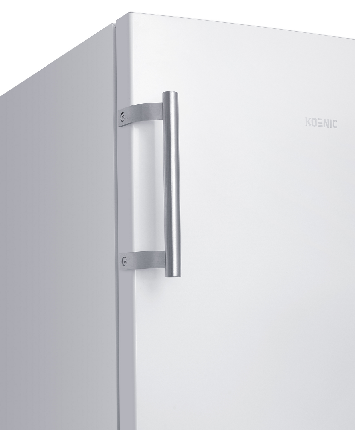 Puerta de refrigerador blanca con asa y logo plateados.