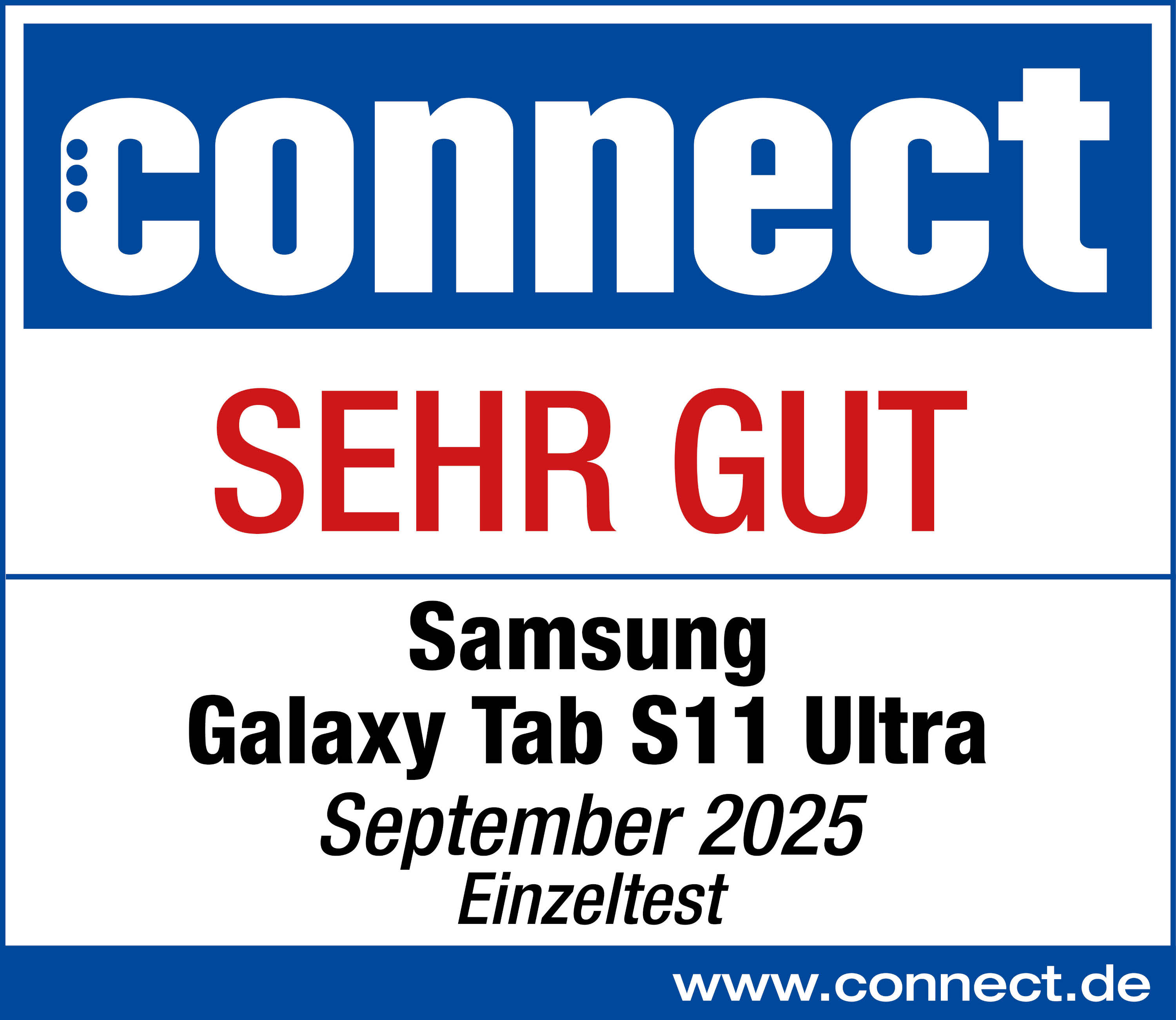 Connect Logo mit 'SEHR GUT' für Samsung Galaxy Tab S11 Ultra.